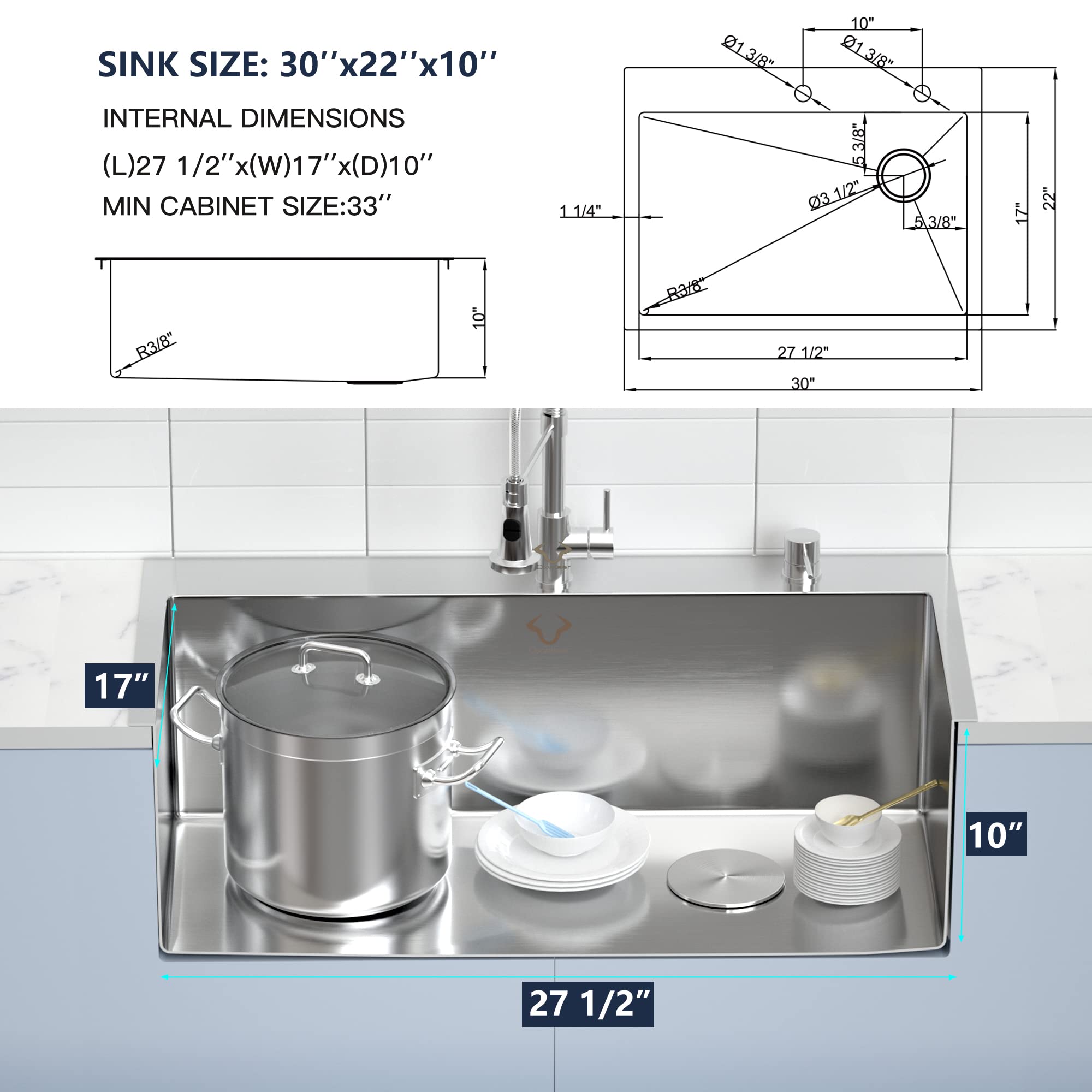 30 x 22 Inch Drop-In Stainless Steel Kitchen Sink - 16 Gauge Deep Single Bowl with R10 Corner & 2-Hole Design (4-Pack Set) - Perfect for Modern Kitchens, Restaurants & Home Renovations
