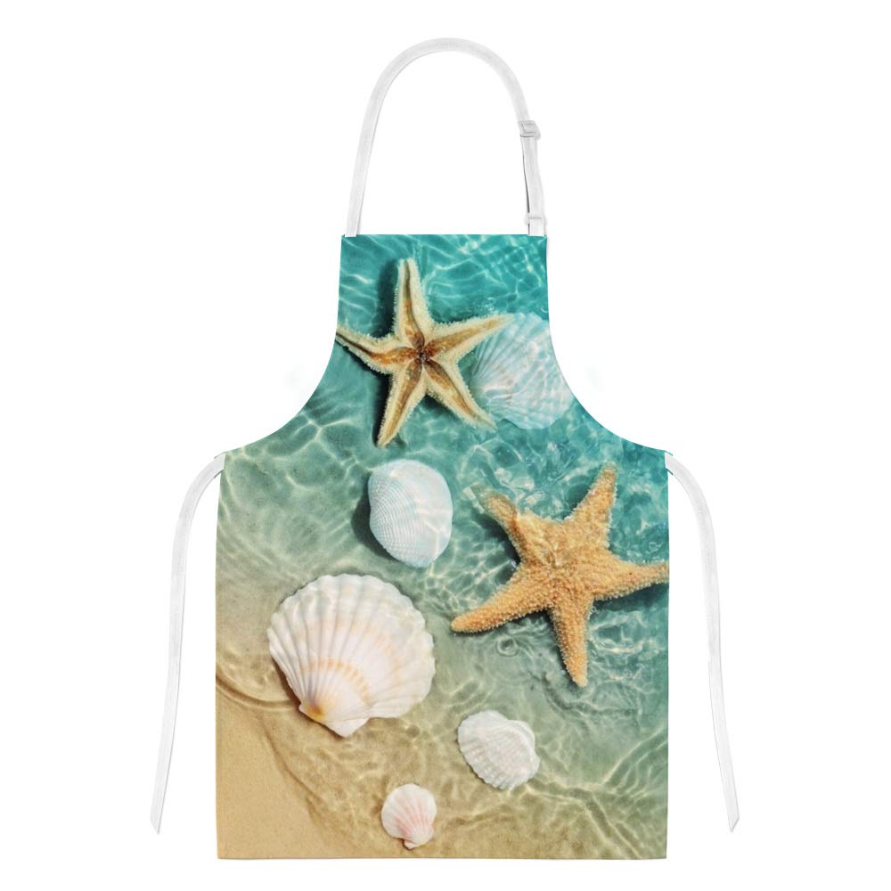 Beach Starfish Seashell Gradient Ocean Kitchen Apron Set with Pockets, Oven Mitt & Pot Holder - Adjustable Cooking Apron, Microwave Glove & Potholder (3-Piece) - Perfect for Cooking, Baking, BBQ & Beach Themed Parties