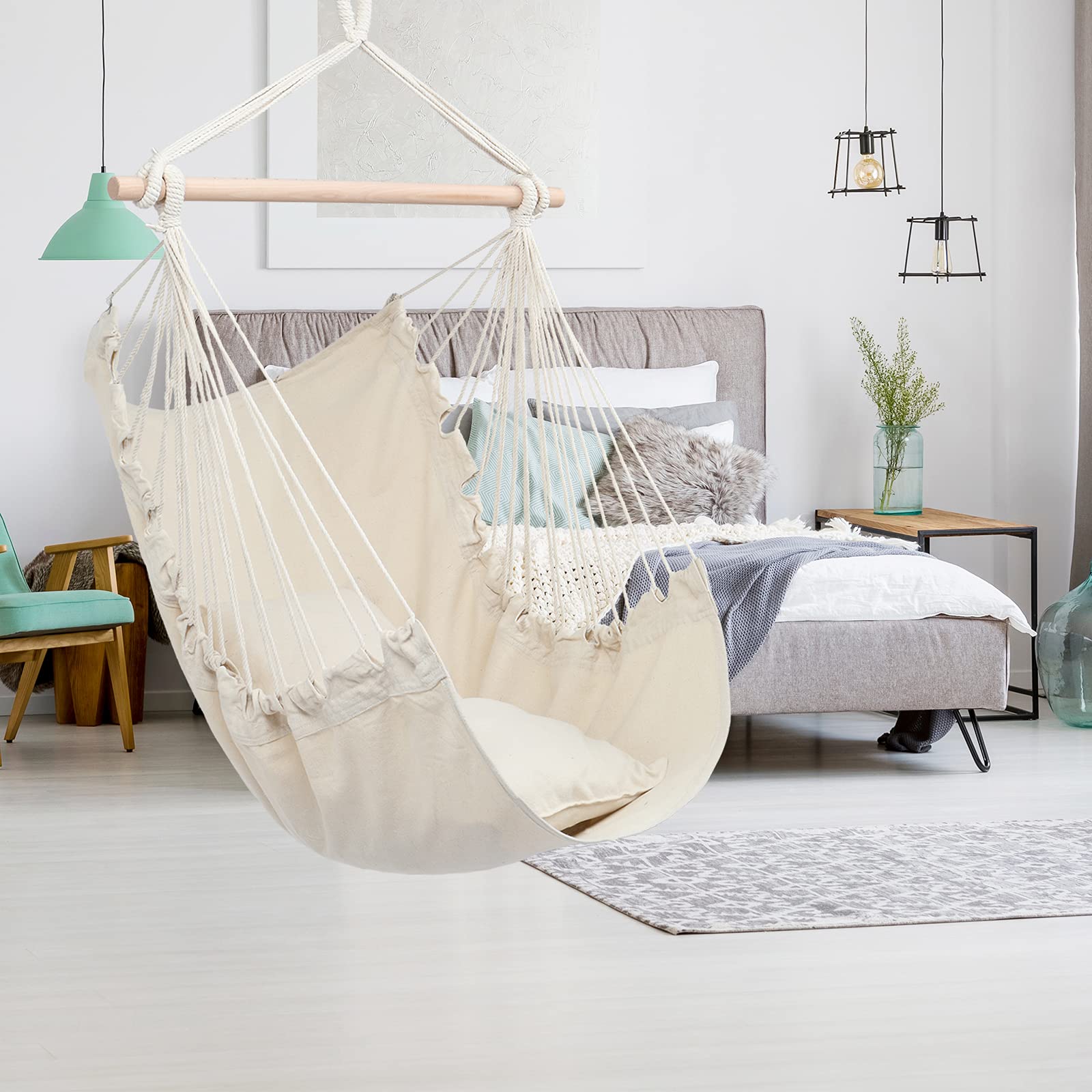 ONCLOUD Hanging Rope Hammock Chair Swing Seat with 2 Cushions - Indoor/Outdoor Use for Yard, Bedroom, Patio, Porch - Perfect for Relaxing, Reading & Lounging (Beige)