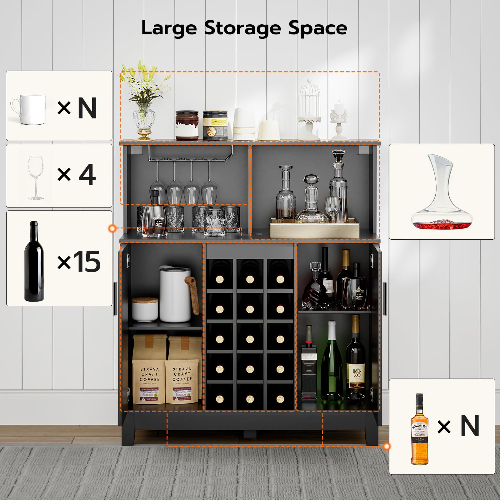 Farmhouse Coffee Bar Cabinet with LED Lights - 39