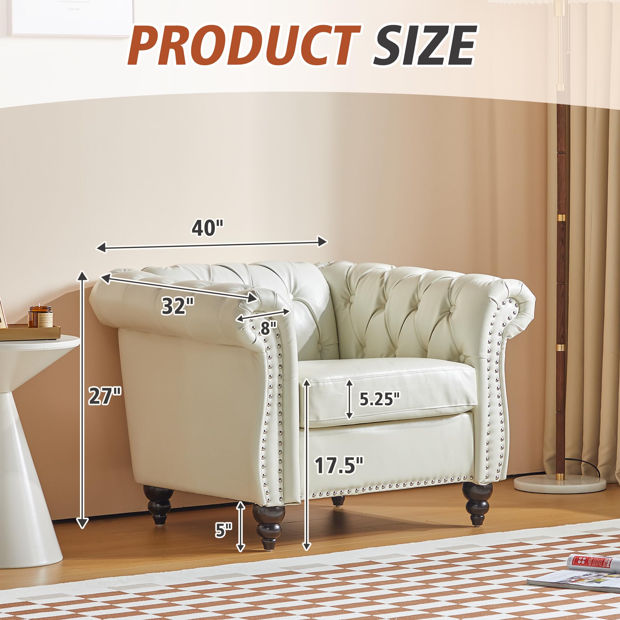 3-Piece Chesterfield Faux Leather Living Room Set - Sofa, Loveseat & Chair with Scroll Arms & Nailhead Trim - Elegant White Furniture for Home, Office & Lounge (Perfect for Small Spaces & Modern Decor)