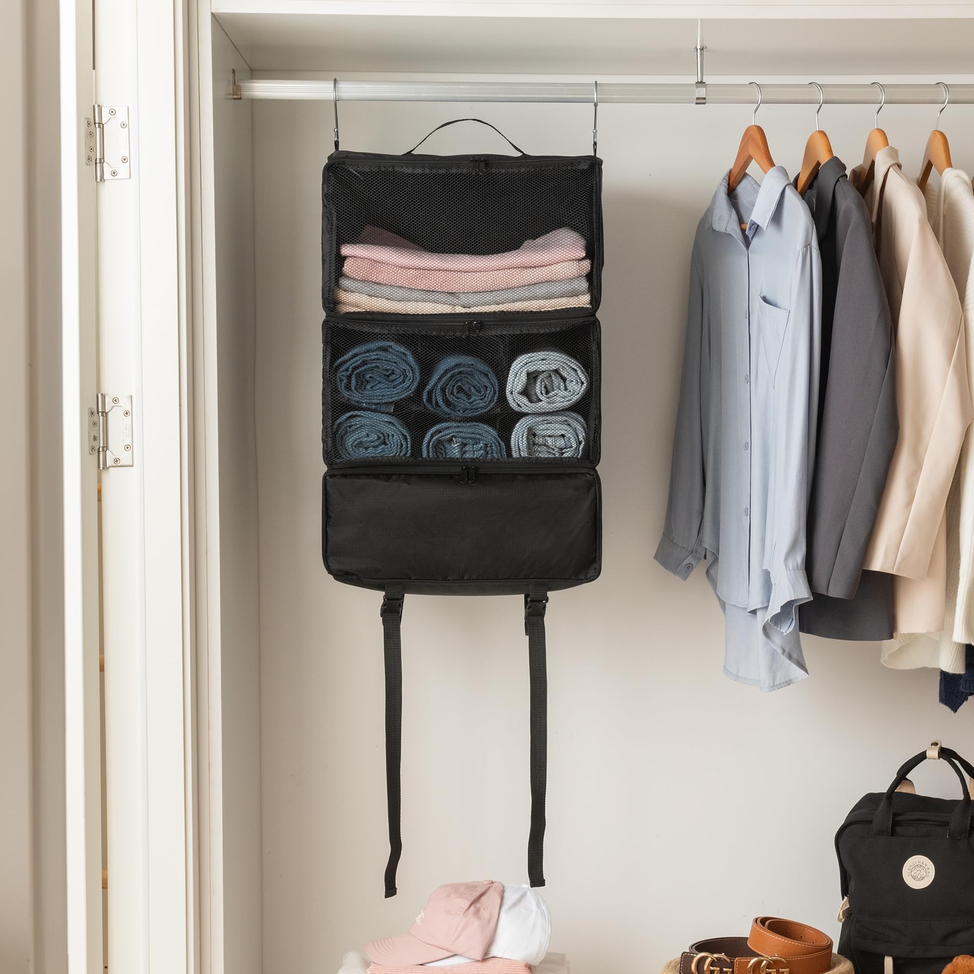GRANNY SAYS Extra Large Hanging Luggage Organizer - 3-Shelf Foldable Travel Packing Cubes with 2 Hooks & Clear Window - Perfect for Carry-On Suitcase Organization | Ideal for Business Trips, Family Vacations & Weekend Getaways