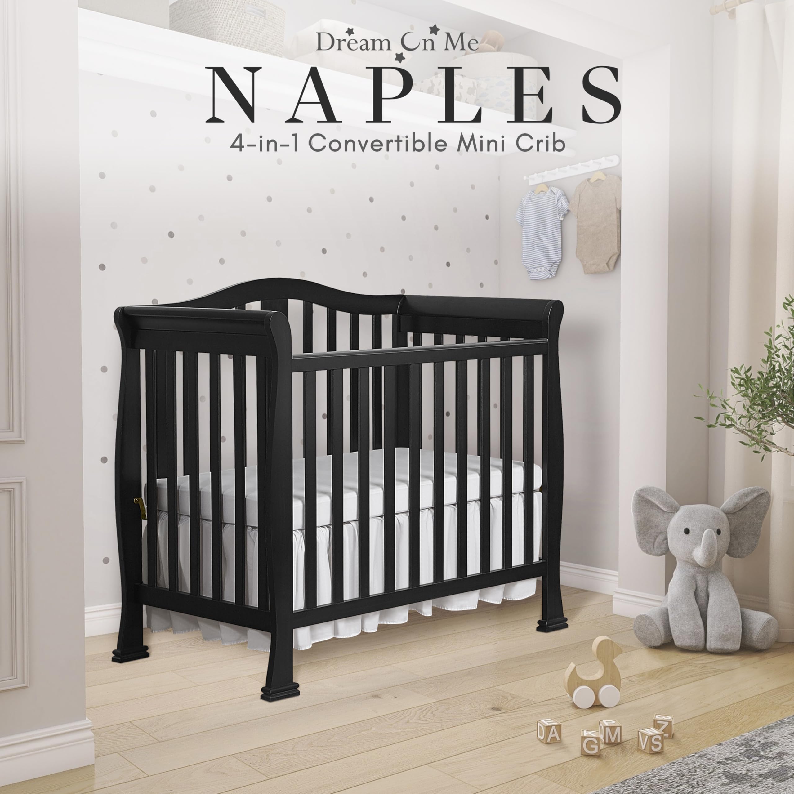 Dream On Me Addison 4-in-1 Convertible Mini Crib - Black | Greenguard Gold Certified | Non-Toxic New Zealand Pinewood | Includes 1