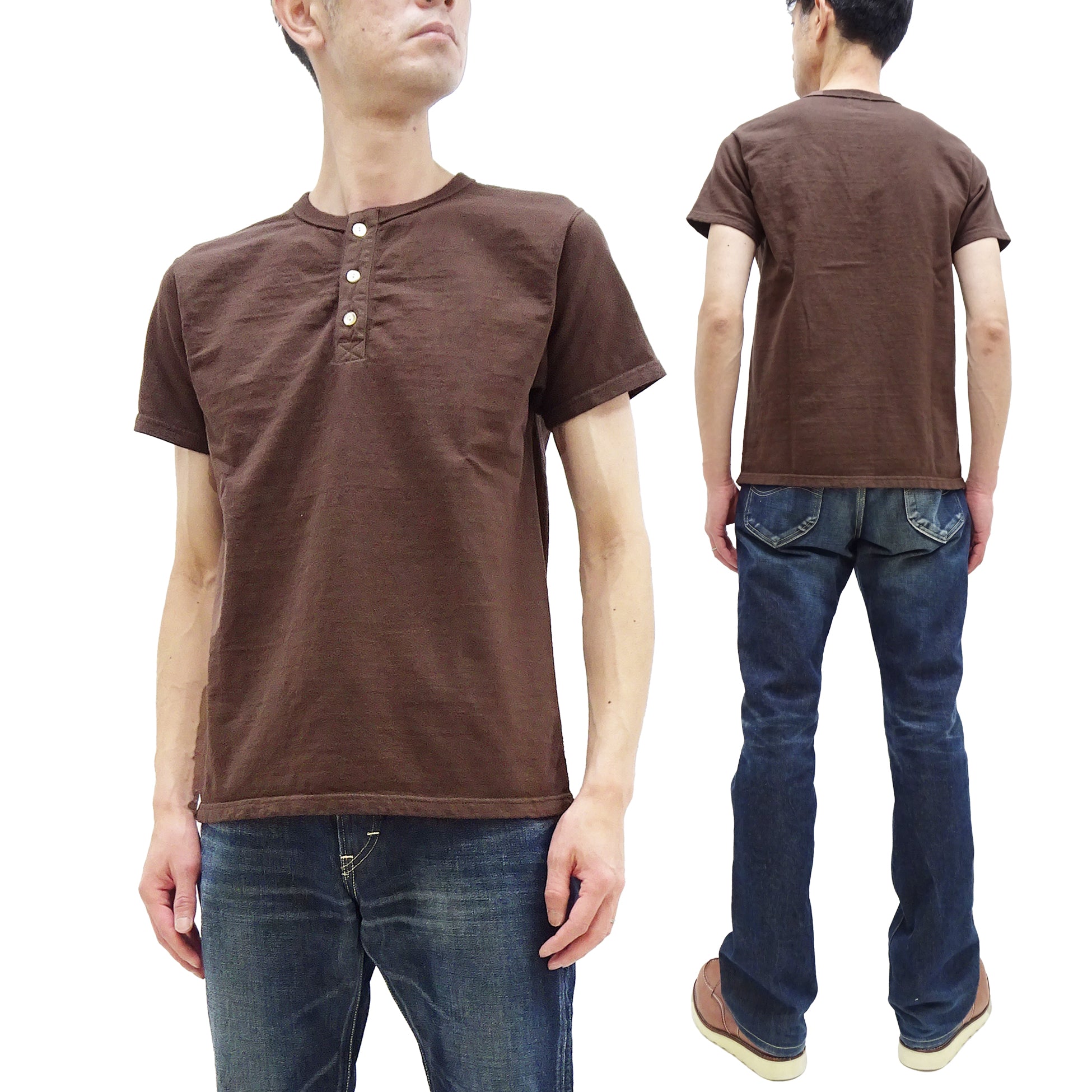 Premium Samurai Jeans Men's Heavyweight Short Sleeve Henley T-Shirt - 100% Japanese Slub Cotton - Dark Chestnut Color - Casual Wear & Street Style Essential