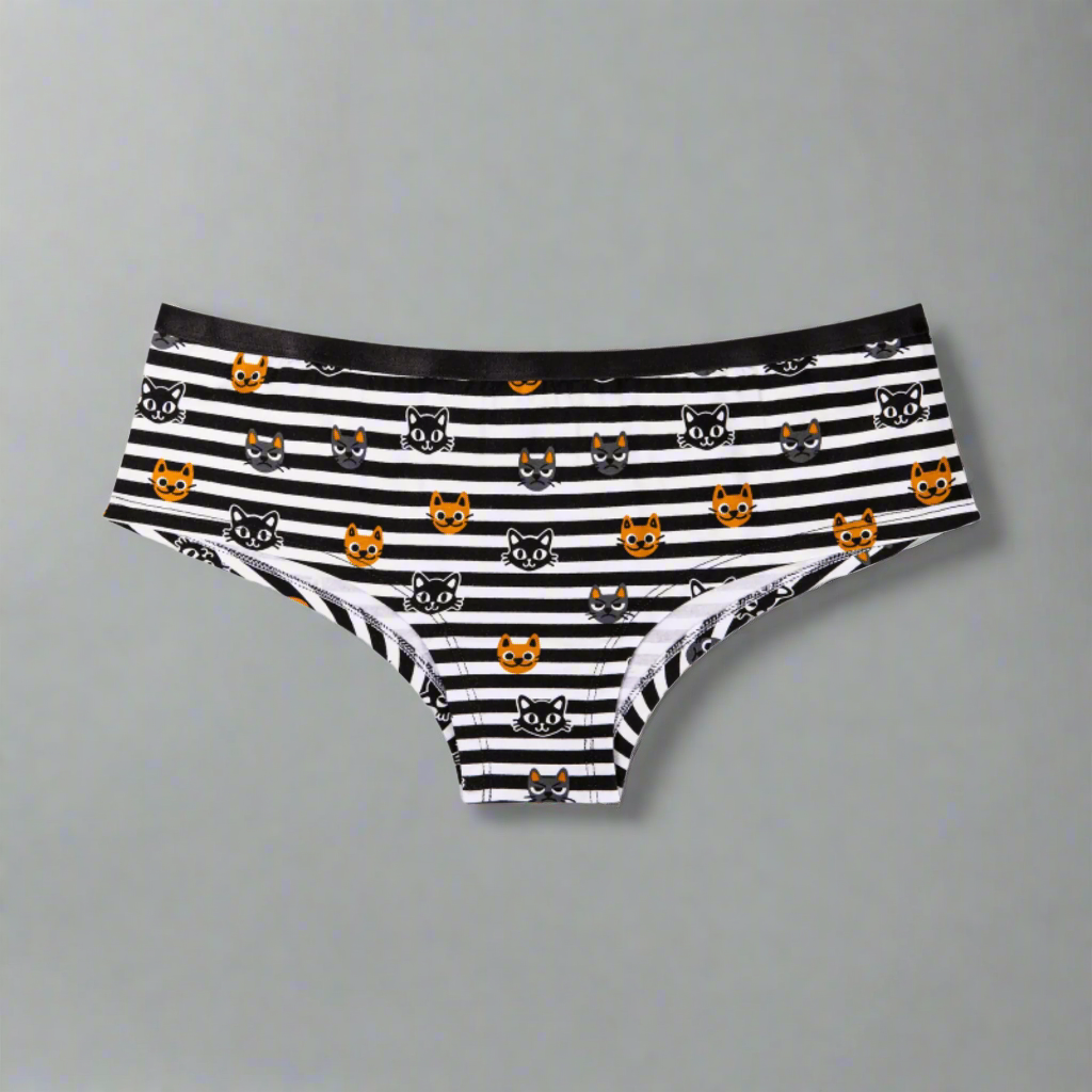 Women's Cotton Hipster Underwear - Cat & Stripes Print - Soft Breathable Panties for Everyday Comfort & Lounge Wear
