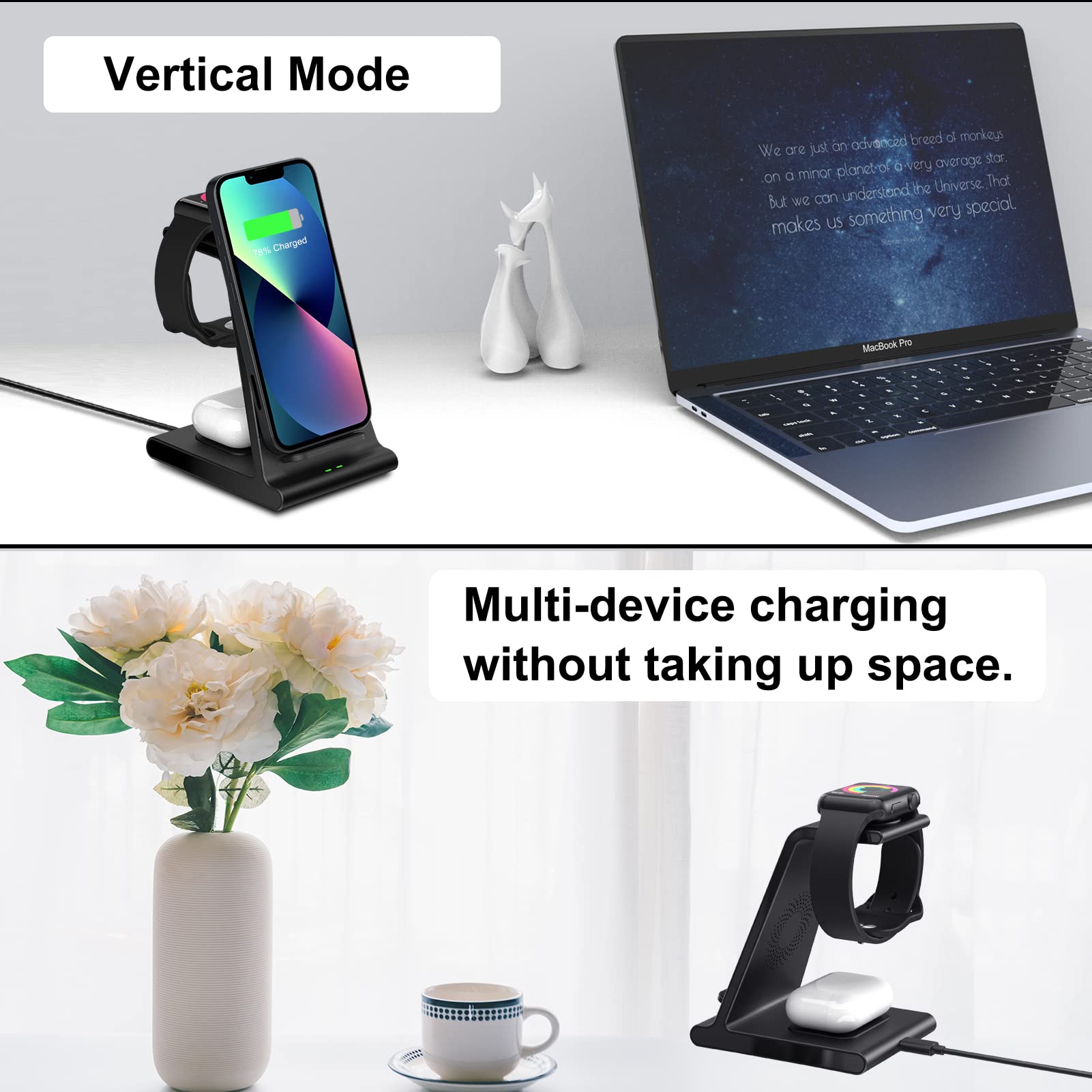 3-in-1 Wireless Charging Station for iPhone 16 Pro Max/15/14/13/12, Apple Watch Ultra 2/10/SE & AirPods Pro/3/2 - Fast Charging Stand with LED Display for Home, Office, Nightstand & Travel Use