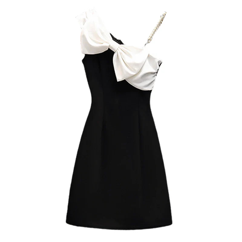 Sexy Black Strap Dress for Women - Bowknot Sleeveless High Waist Short Dress with Diagonal Collar - Elegant Summer Party Clubwear & Beach Dress