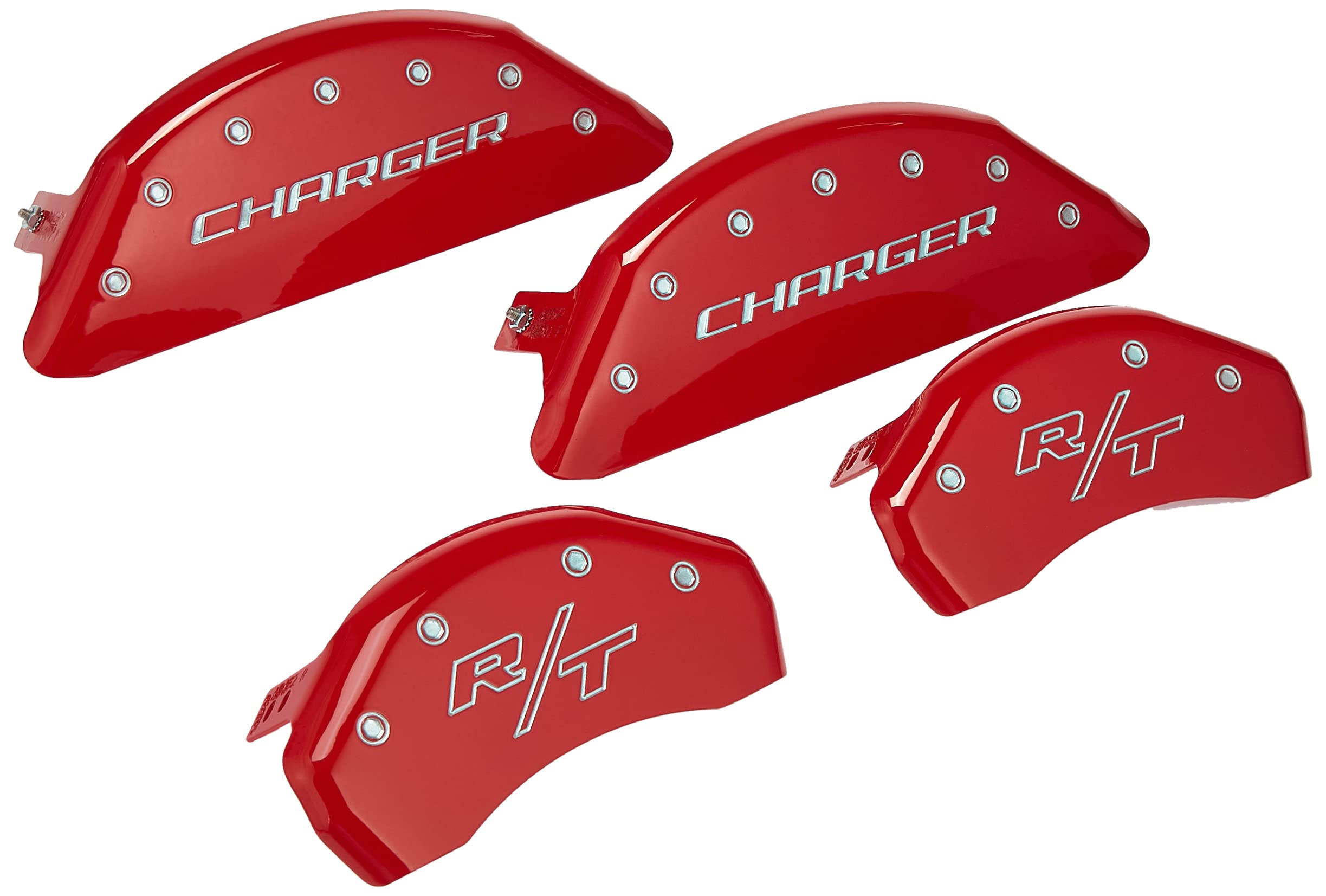 MGP Caliper Covers 12162SCHRRD - Red Brake Caliper Covers for 2011-2020 Dodge Charger (Dual Piston Front) - Engraved Charger/R/T Logo - Front & Rear Set of 4 - Upgrade Your Ride's Style & Protection for Daily Driving & Car Shows