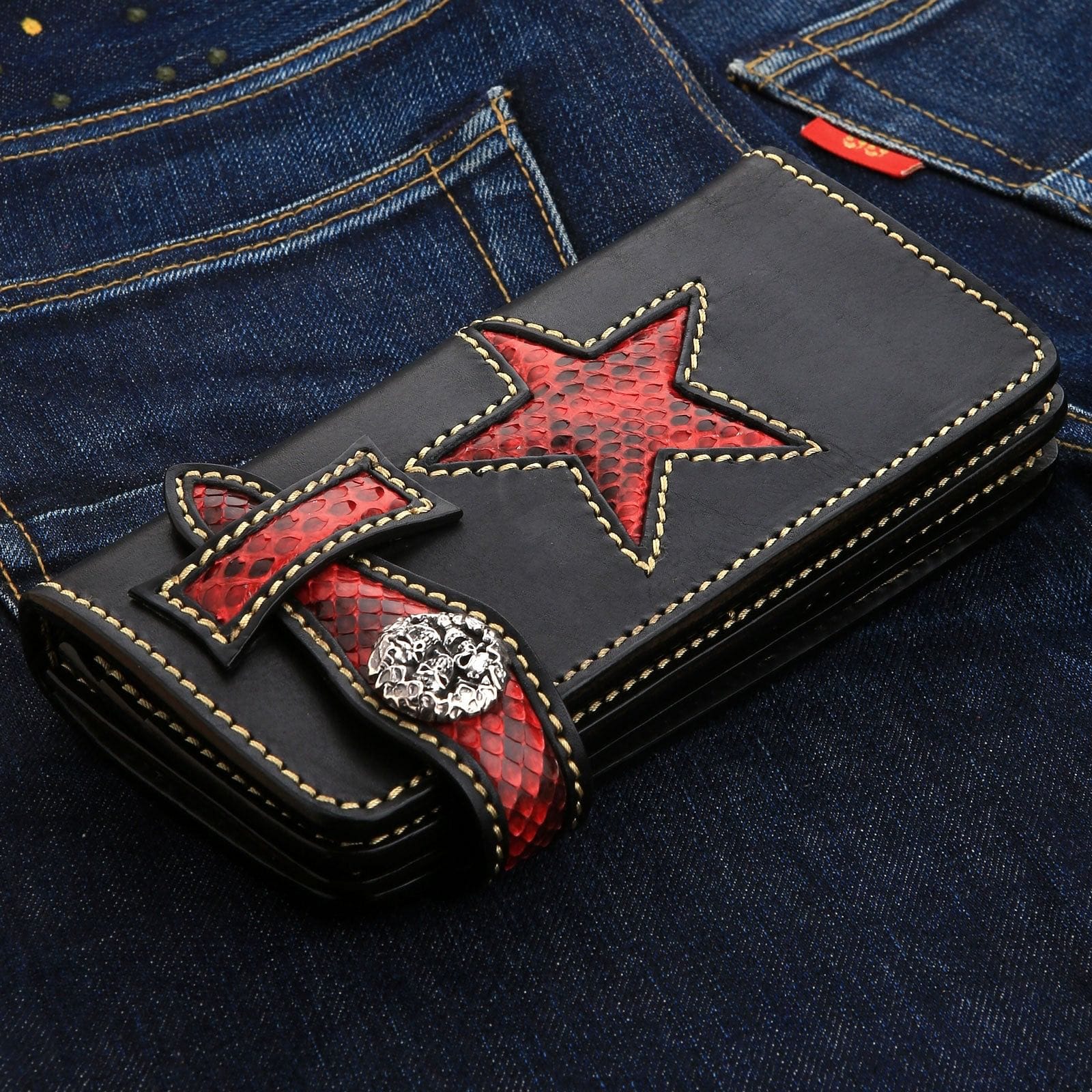 Tribal Star Red Genuine Leather Men's Biker Wallet - Stylish RFID Blocking Wallet for Motorcycle Riders & Travelers - Perfect Gift for Bikers & Outdoor Enthusiasts