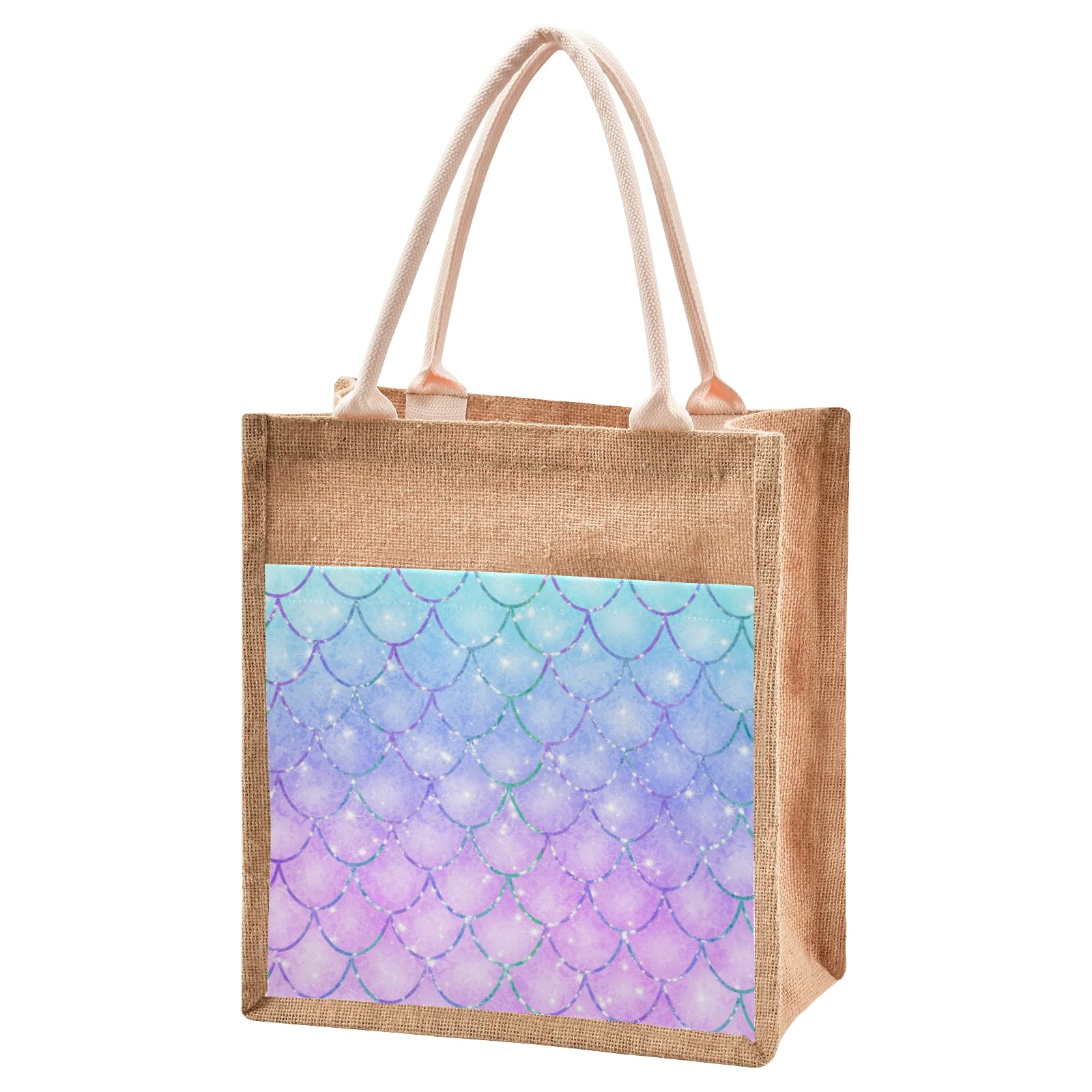 Eco-Friendly Mermaid Fish Scales Purple Jute Tote Bag with Zipper & Handles - Reusable Grocery Shopping Bag with Front Canvas Pocket - 13x14 Inch Burlap Gift Bag for Travel, Beach & Farmers Market