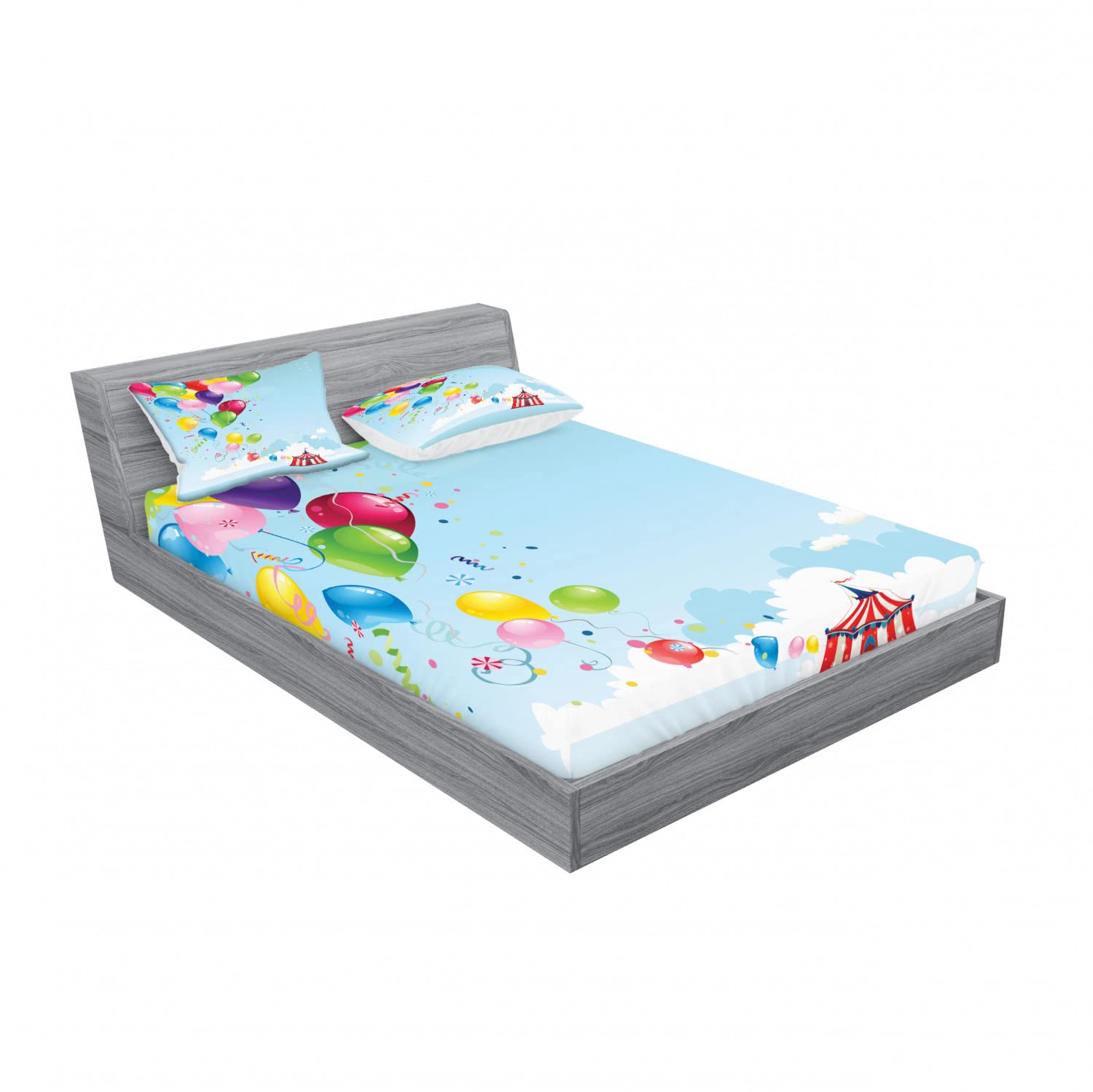 Ambesonne Circus 2-Piece Queen Size Fitted Sheet Set with 4 Pillow Shams - Vibrant Carnival Tent & Balloons Pattern Bedding Decor for Kids & Adults - Perfect for Themed Bedrooms, Sleepovers, and Circus Party Decorations