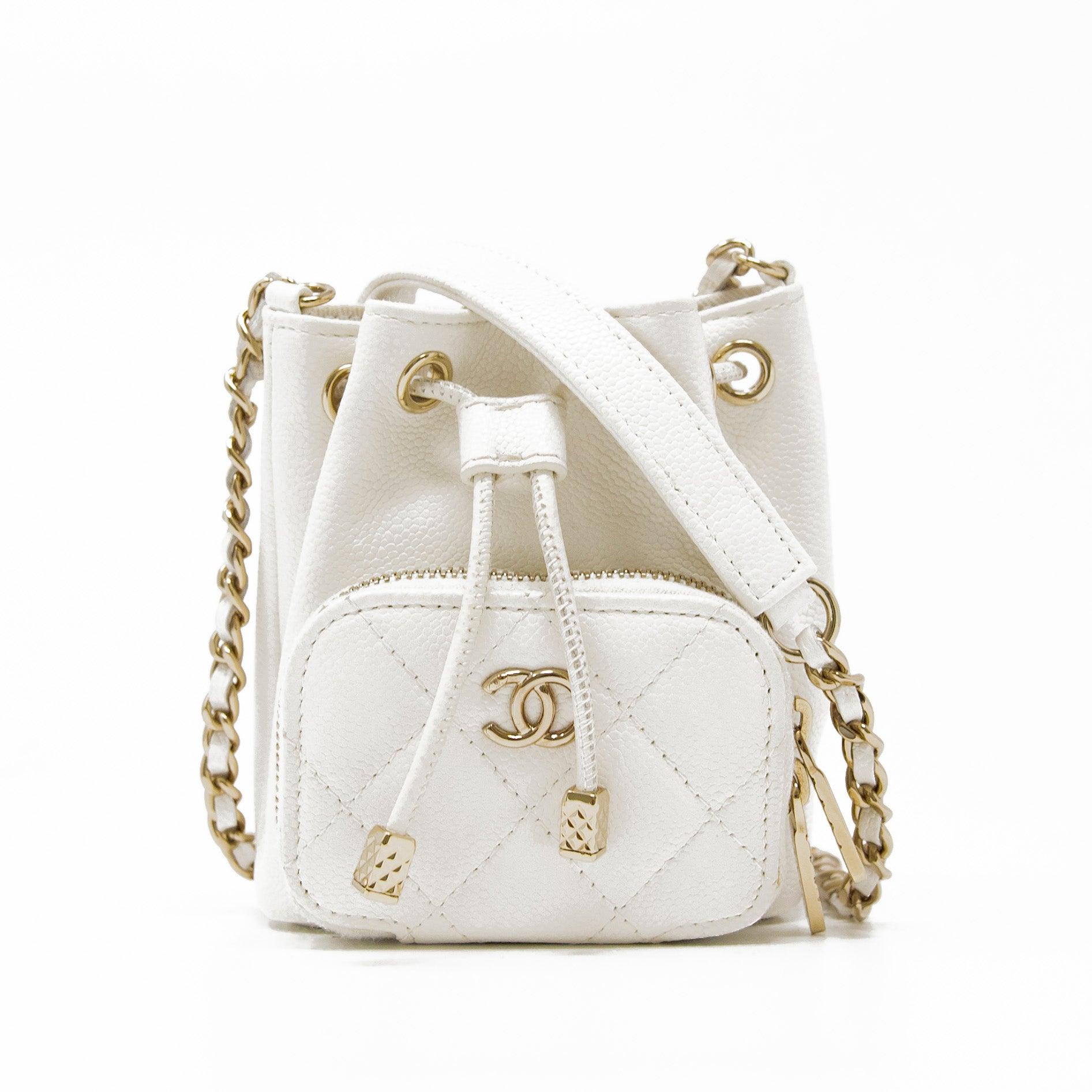 Chanel White Mini Pocket Bucket Bag - Luxury Crossbody Handbag for Women | Perfect for Date Night, Shopping & Travel