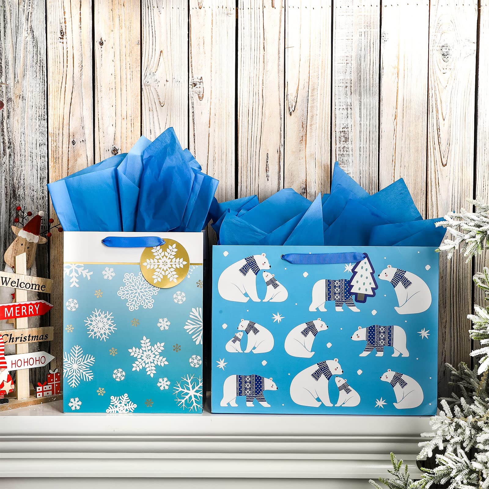 MAYPLUSS Christmas Gift Bags Set - 2 Pack Blue Bear Holiday Gift Bags for Christmas, Birthday, Party Favors, Wedding Presents - Perfect for Festive Wrapping & Gift Giving