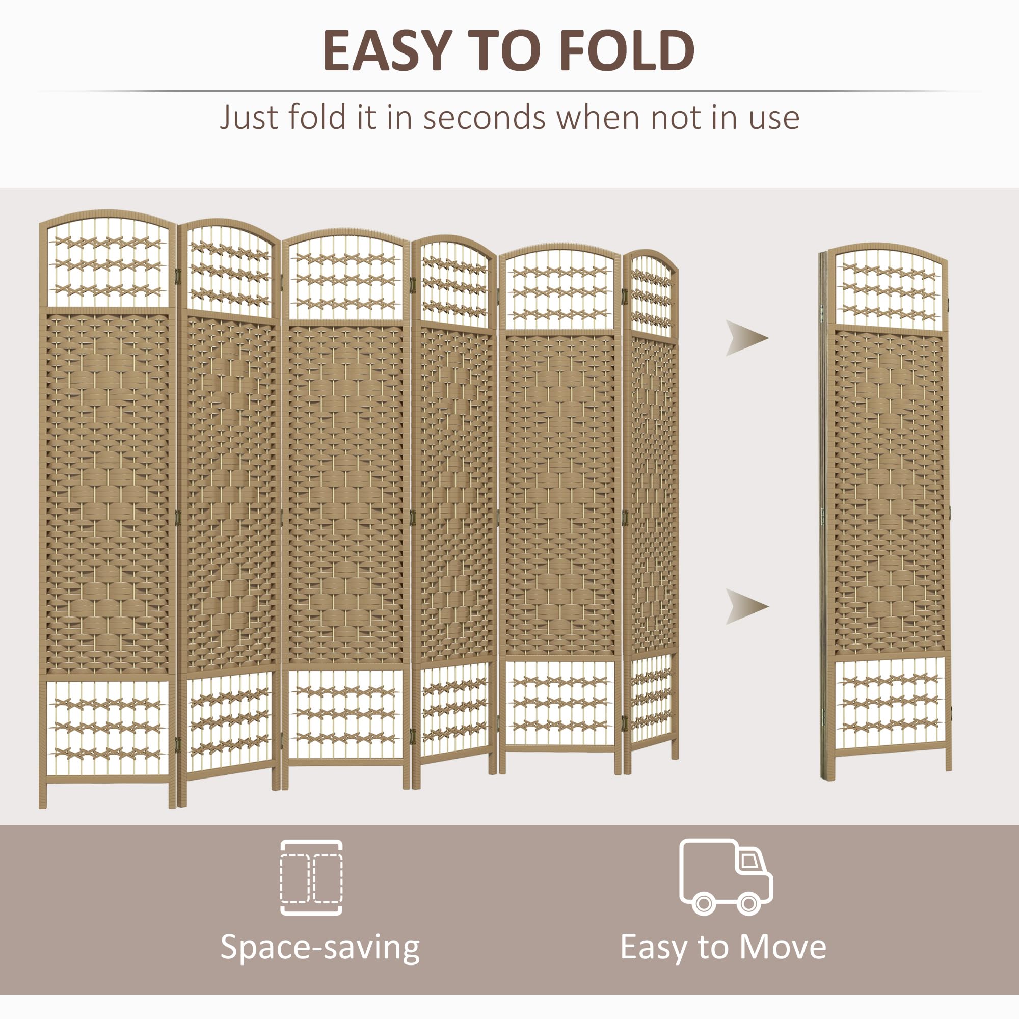 HOMCOM 6 Panel Folding Room Divider Privacy Screen - 5.6 ft Freestanding Partition Wall Separator with Wave Fiber Design in Natural Color for Home Office, Bedroom, and Studio Spaces