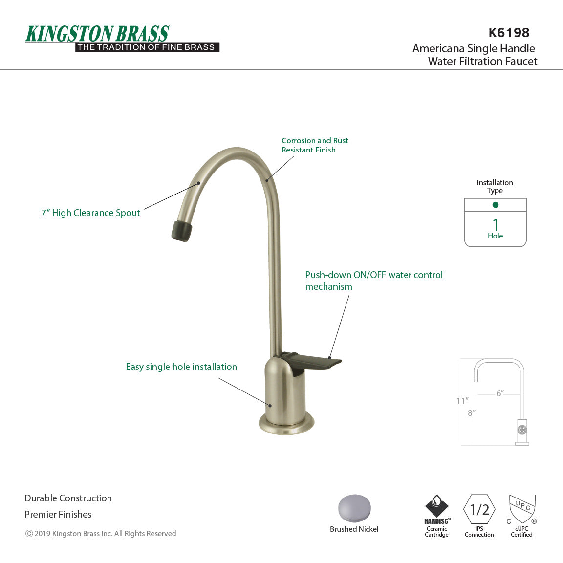 Americana K6198 Single Handle 1 Hole Deck Mount Water Filtration Faucet in Brushed Nickel - Perfect for Kitchen Sink, Countertop & Home Water Purification Systems