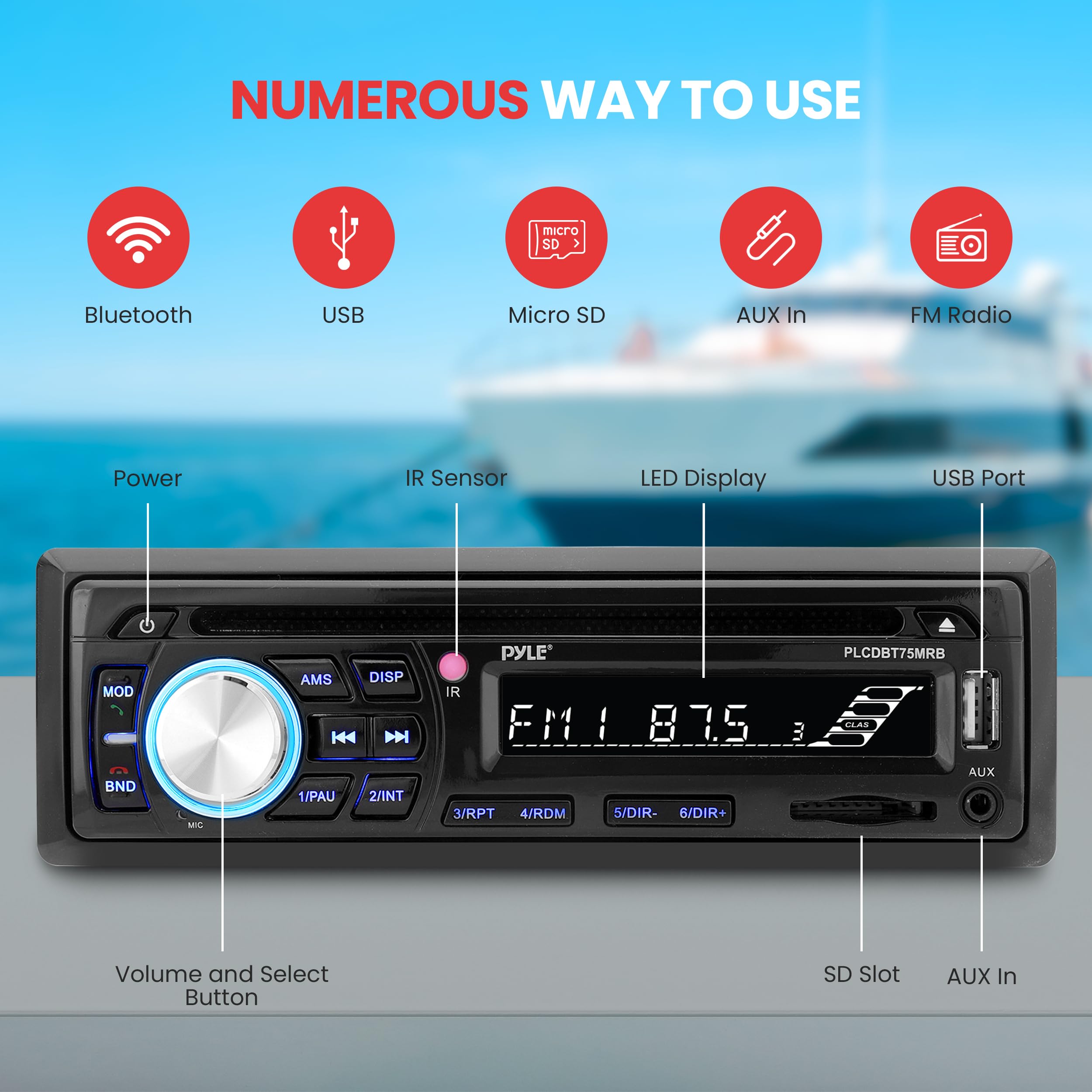 Pyle Bluetooth Car Stereo - Single DIN Marine Stereo Receiver Kit with Waterproof 6.5” Speakers, MP3/USB/SD/AUX/FM, Built-in Mic & Remote - Water-Resistant for Cars, Boats & Outdoor Adventures
