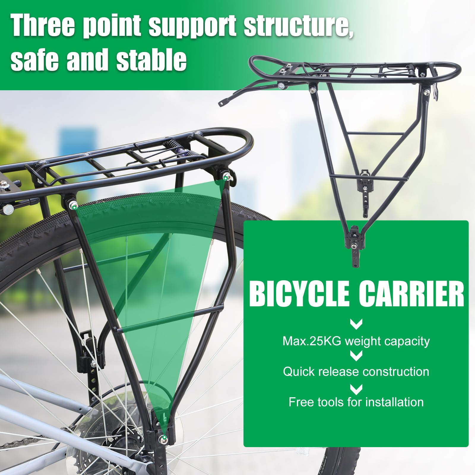 Lightweight Aluminum Rear Bike Rack - 55LB Load Capacity for Mountain & Road Bicycles (24