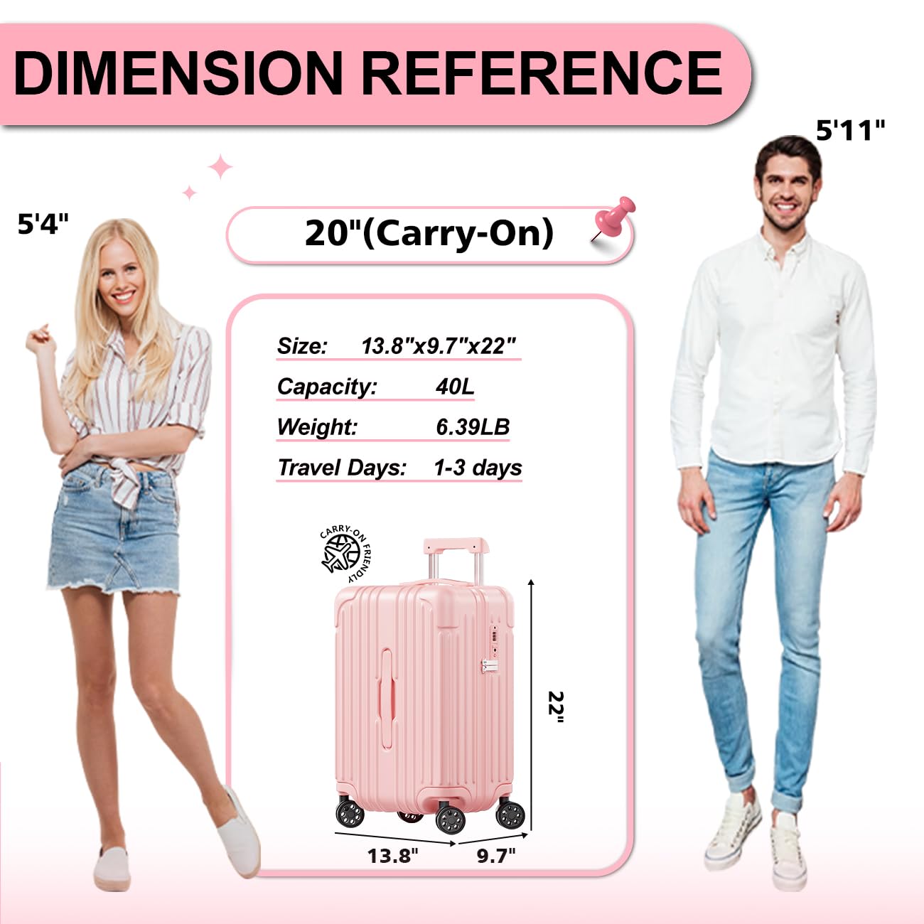 Krute 20 Inch Carry On Luggage - Airline Approved PC+ABS Hardshell Suitcase with 360° Double Spinner Wheels & TSA Lock (Pink) - Perfect for Business Travel, Weekend Getaways & Airplane Cabins