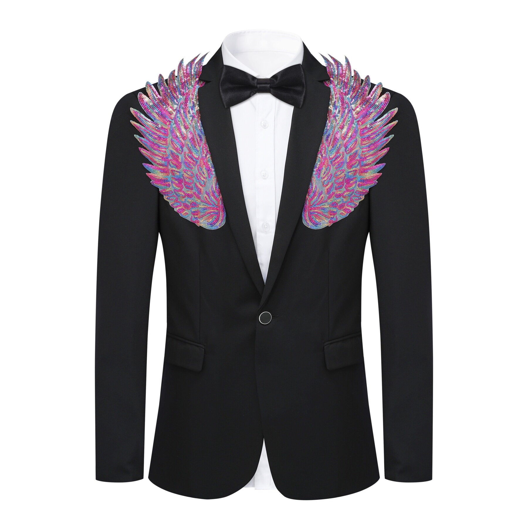 Elegant Black Blazer Dress with Pink Wings & Floral Embroidery - Women's Fashion Office Wear & Party Outfit