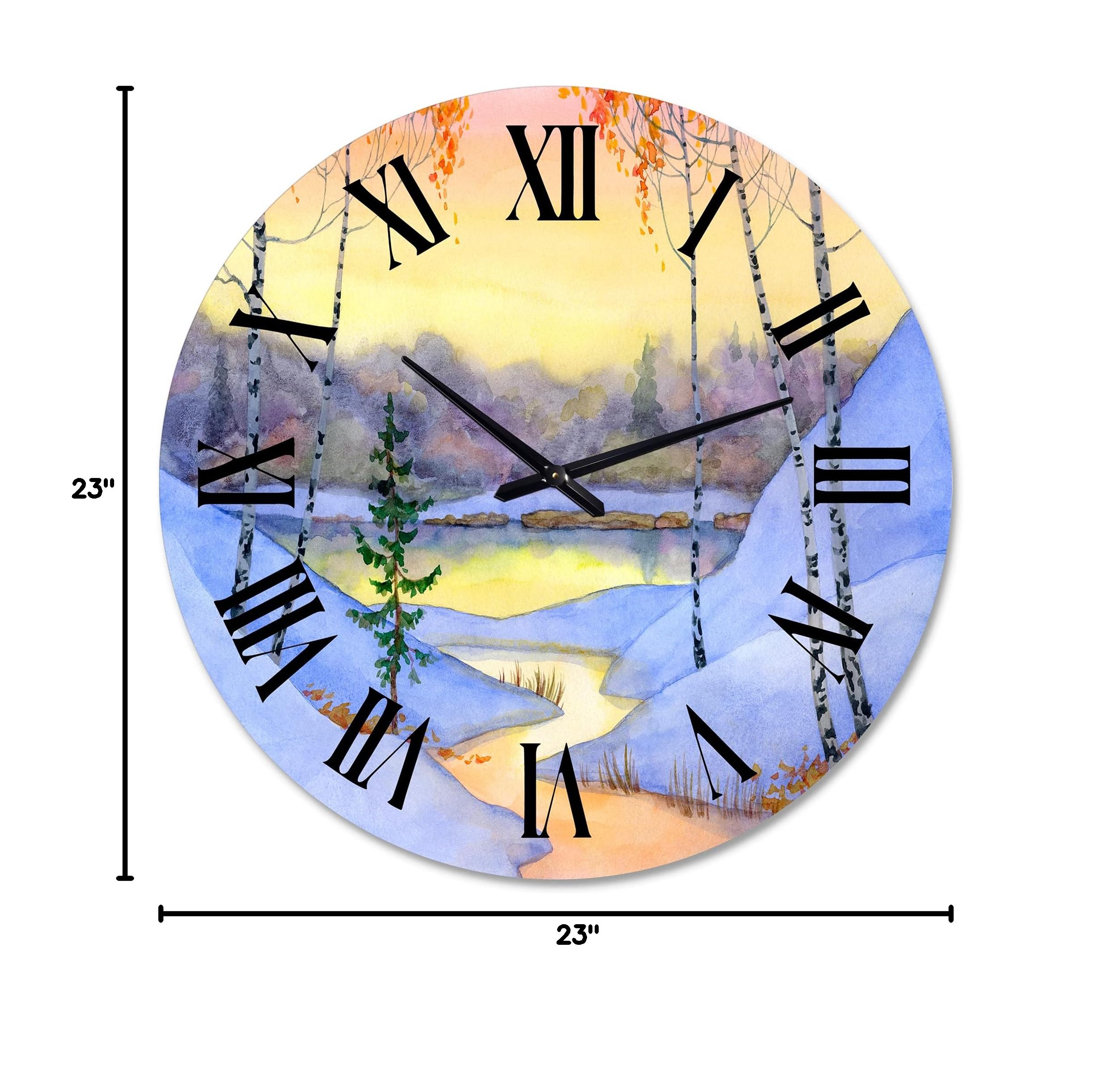 DesignQ Lake House Wall Clock 'Stream in The Winter Forest II' - Large Nature Landscape Wall Art for Living Room, Bedroom & Office Decor - Perfect for Rustic, Farmhouse & Modern Home Interiors