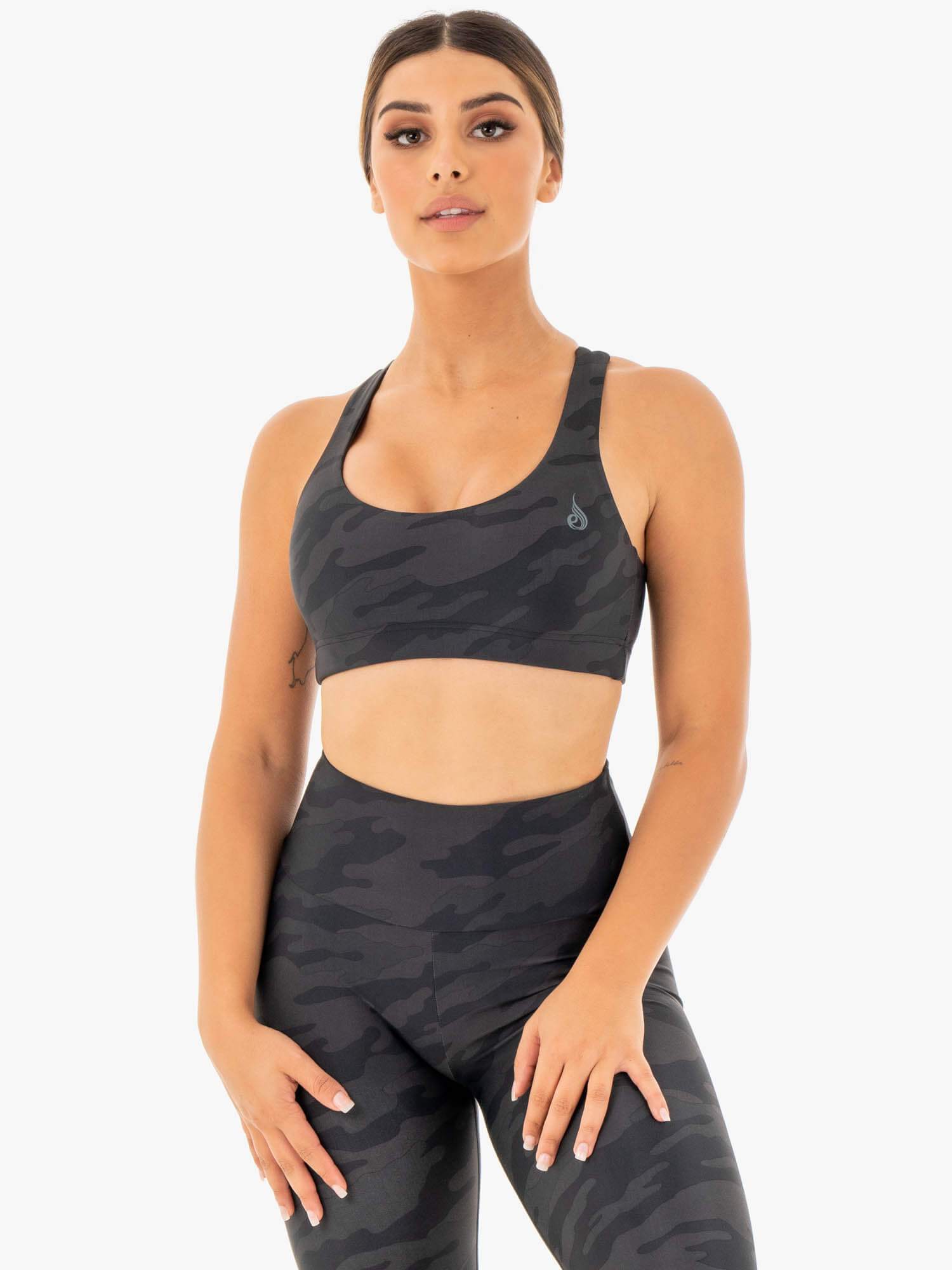 Women's Camo Sports Bra - Black Camo Pattern Workout Top for Running, Yoga & Gym - High Support & Comfort