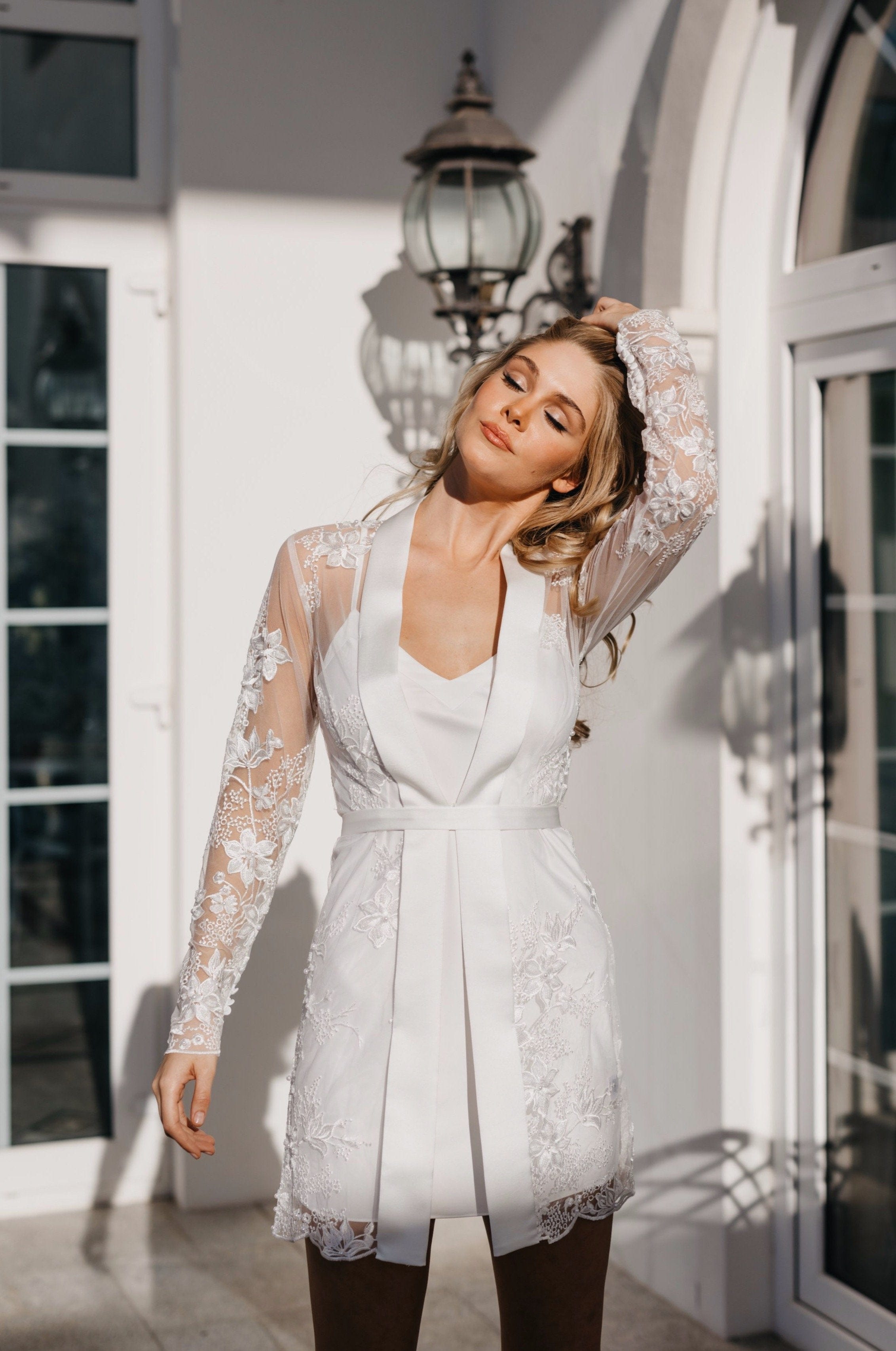 Grace Pearl Beaded Bridal Robe with Slip - Elegant Lace Wedding Gown Cover Up for Bride, Bridesmaids & Photoshoots - Perfect for Getting Ready, Ceremony & Honeymoon