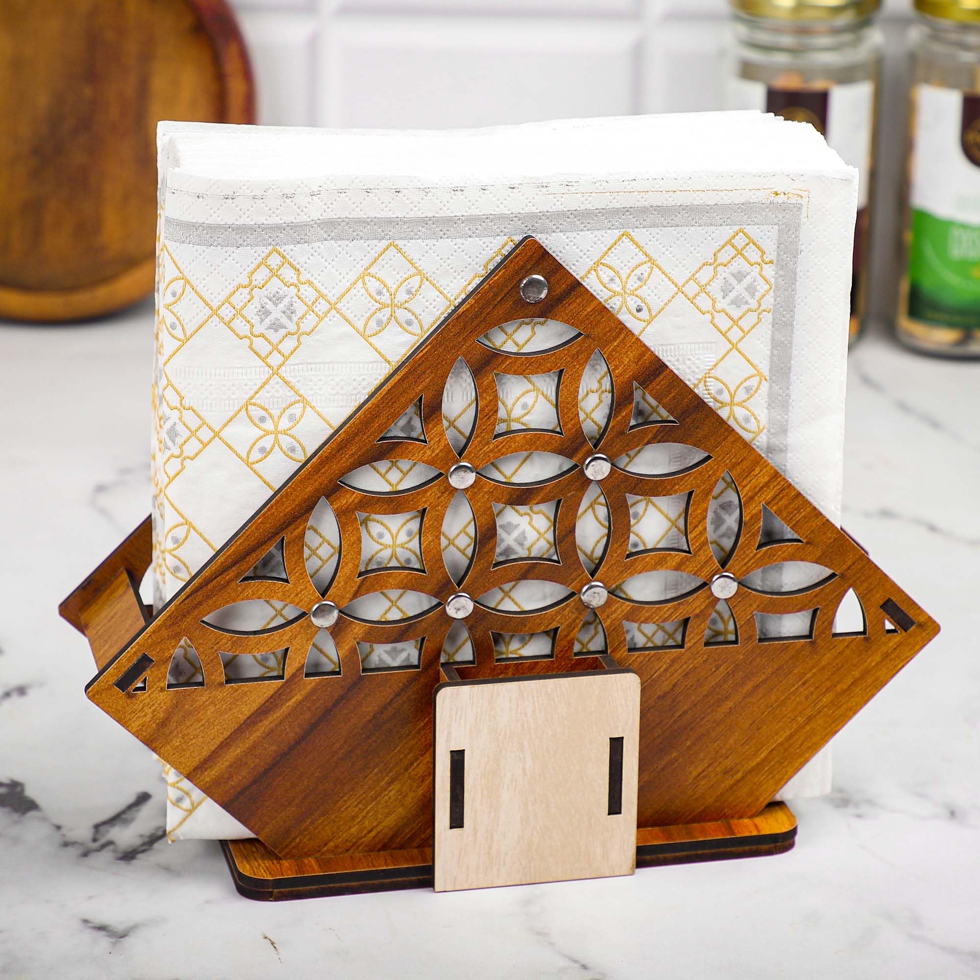 Modern Wooden Tissue Paper Holder with Steel Rivets - Stylish Home & Kitchen Decor for Dining Table, Restaurant, Cafe | Includes Tissue Paper Pack (Perfect for Living Room, Office, Bathroom)