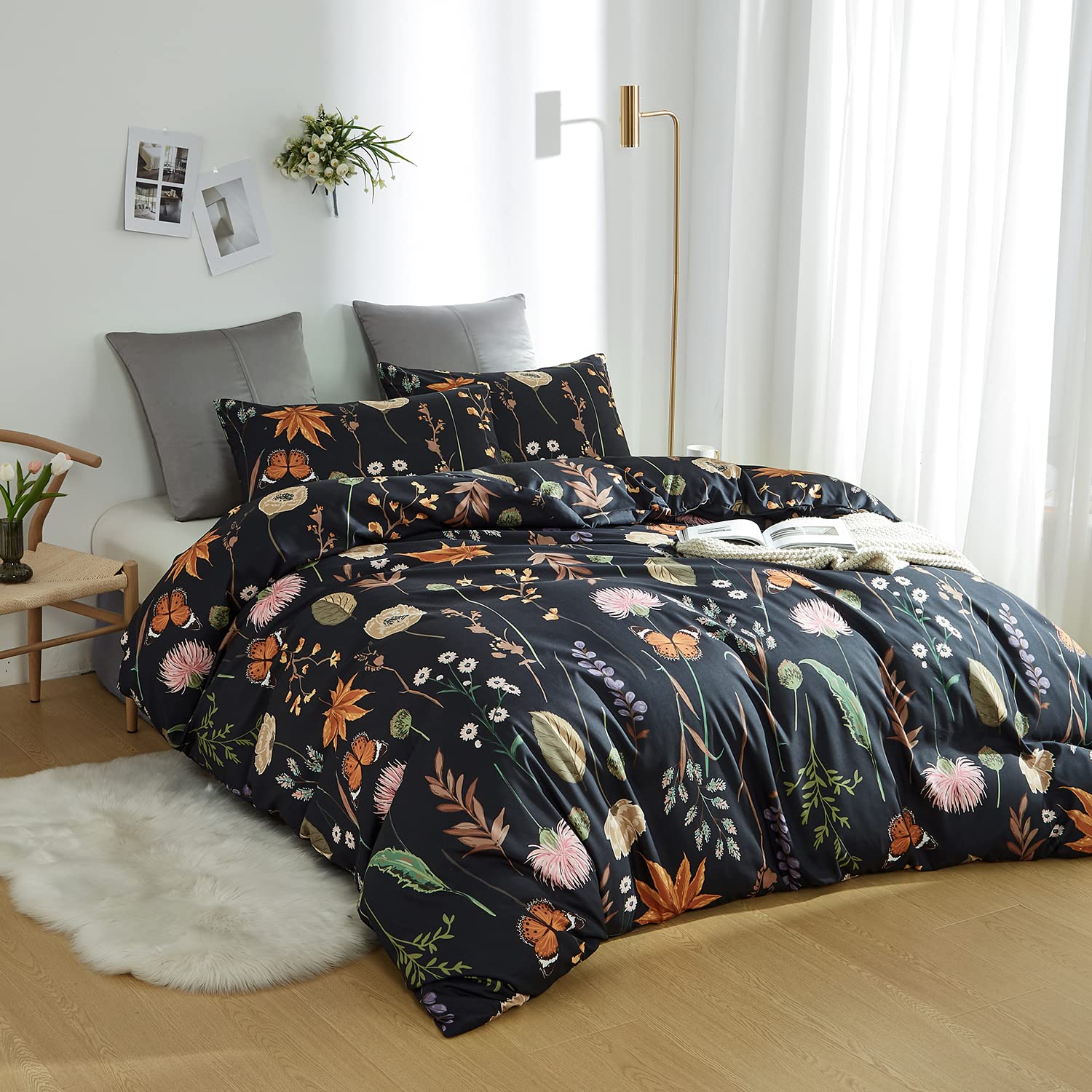 Floral Duvet Cover Set Twin - Black & Pink Botanical Print with Yellow Butterflies | 3-Piece Soft Microfiber Bedding Set with Zipper Closure | Perfect for Teen Rooms, Guest Bedrooms & Boho Chic Decor