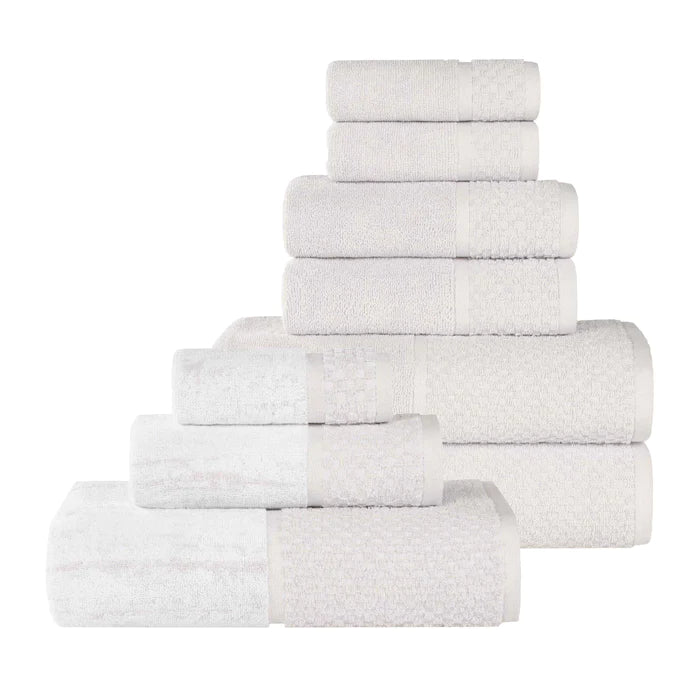 Premium 9-Piece Cotton Plush Jacquard Towel Set - Soft & Absorbent Solid & Two-Toned Bath Towels for Luxury Bathroom & Spa Experience