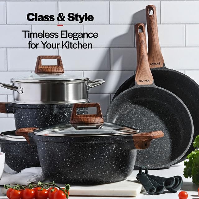 Bakken-Swiss 14-Piece Nonstick Cookware Set - Granite Coating, Eco-Friendly Kitchen Pots & Pans for Gas, Electric & Induction Stoves, Oven Safe to 450°F - Perfect for Frying, Boiling & Baking at Home