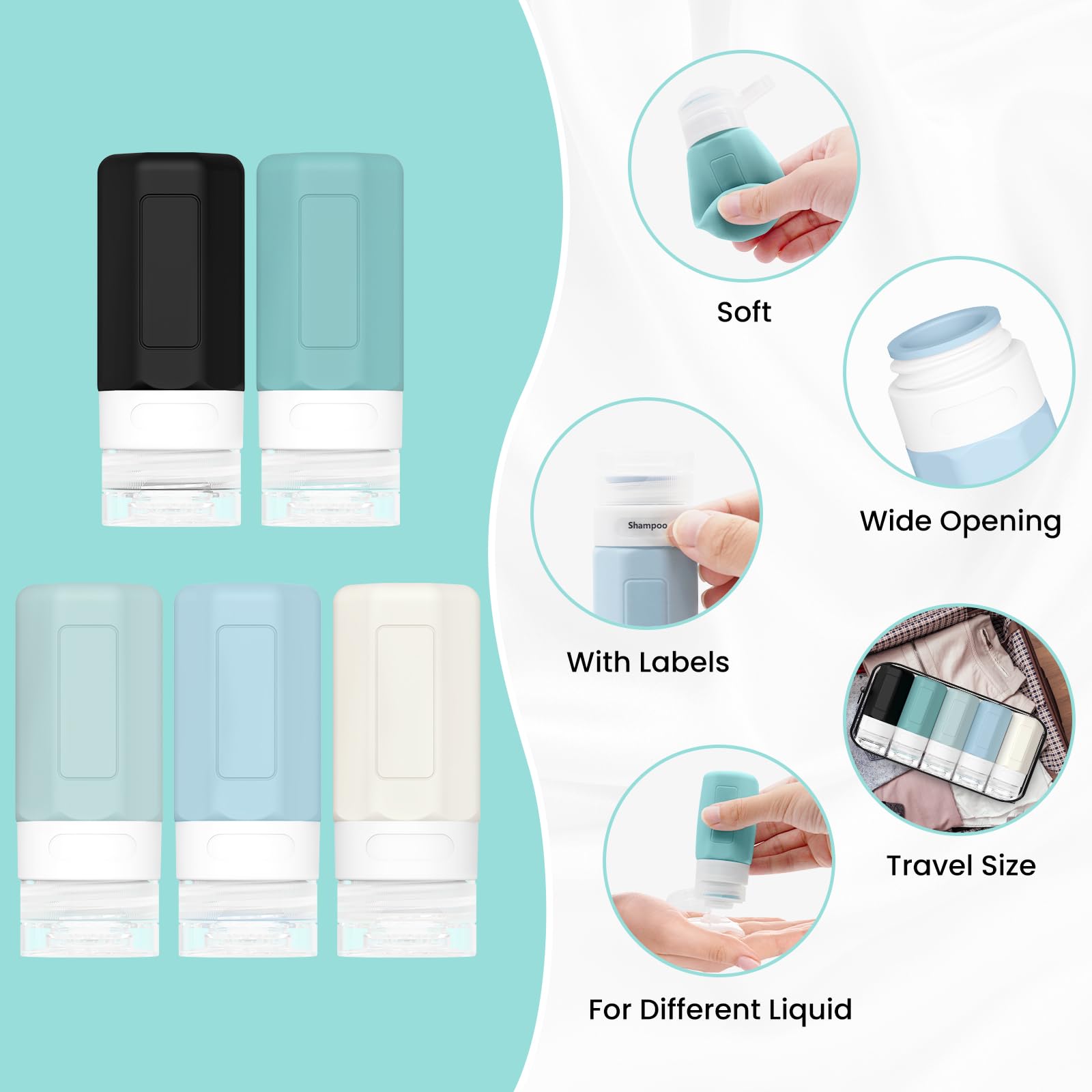 TSA Approved 2oz Leak Proof Silicone Travel Bottles for Shampoo, Conditioner & Lotion - Refillable Squeezable Toiletry Containers for Air Travel, Gym & Vacation Essentials