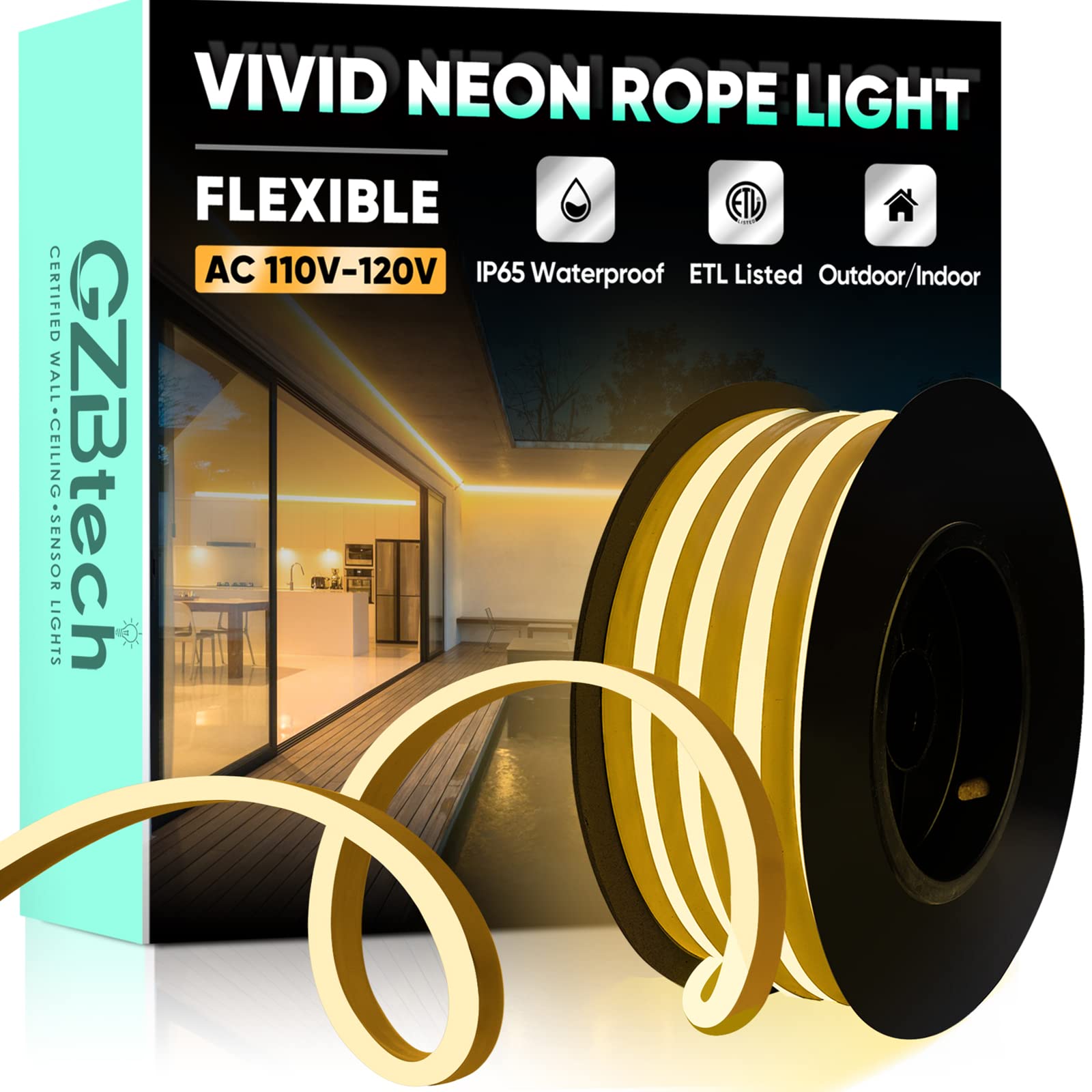 GZBtech 16.4FT Flexible LED Neon Rope Lights - Waterproof 120V Neon Strip Lighting with 120LEDs/M, Cuttable & Connectable for Indoor/Outdoor Decor - Warm White (5M) - Perfect for Home, Wedding, Bar, Restaurant, and Commercial Signage
