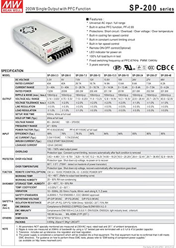 MEAN WELL SP-200-24 24V 8.4A 201.6W AC-DC Single Output Enclosed Switching Power Supply - PFC Function for Industrial Automation, LED Lighting & Medical Equipment