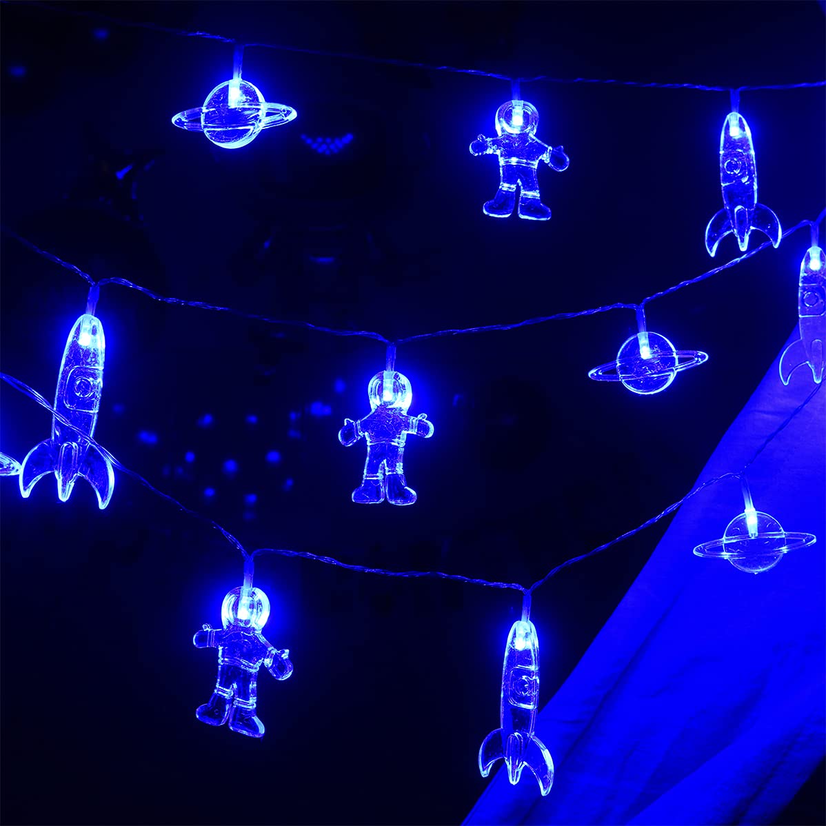 20 LED 11 FT Waterproof Rocket Spaceship Astronaut String Lights with Remote Control - 8 Lighting Modes, Battery Operated for Kids Bedroom, Tent, Birthday Party & Nursery Decor (Blue) - Perfect for Children's Room Lighting, Sleep Aid and Themed Party Decorations
