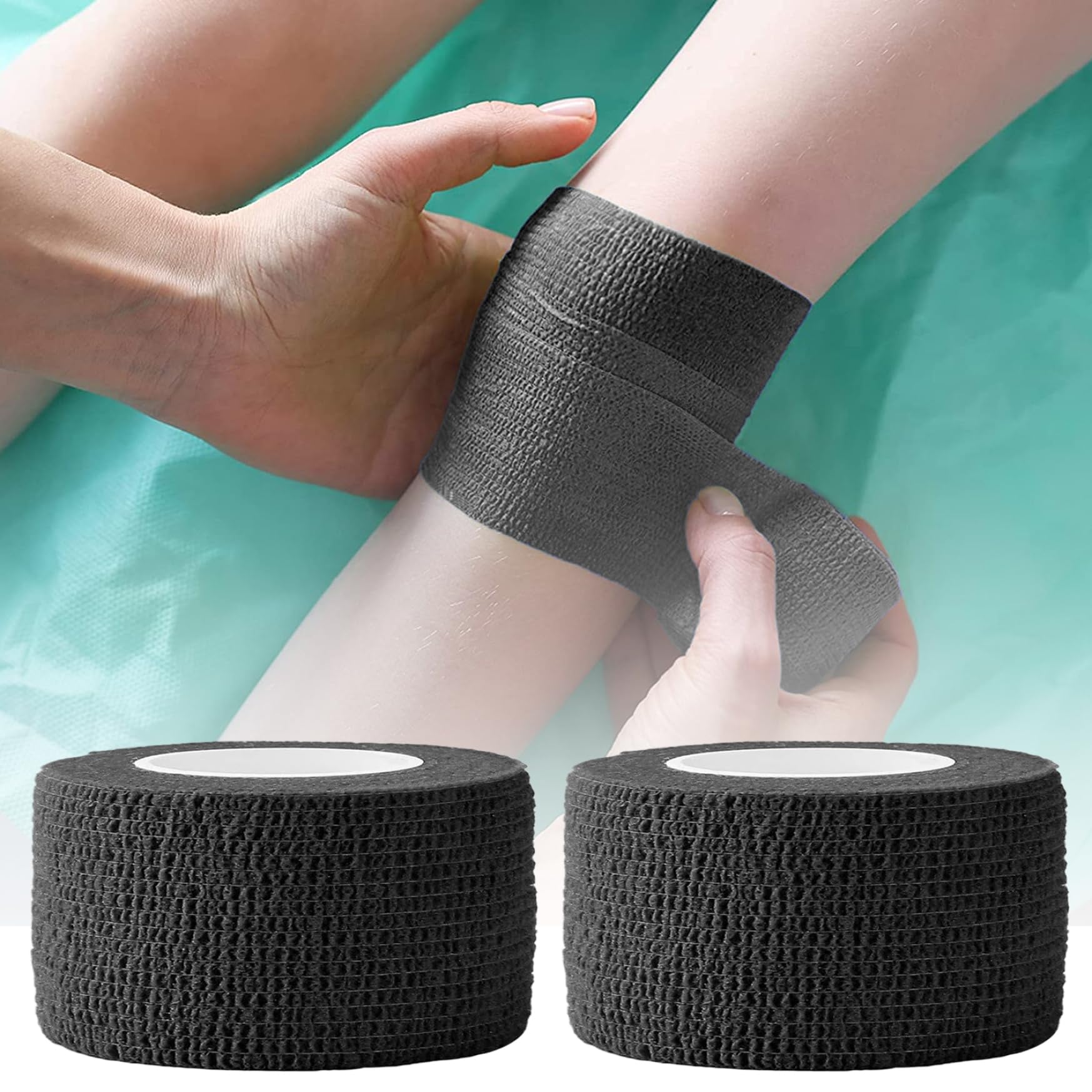4 PCS Self-Adhesive Bandage Wrap - Breathable Non-Woven Wrist Tape & Vet Wrap for Sports Injuries, Ankle Sprains & Pet Care (Black, 177x1 Inch) - Ideal for Athletic Support, First Aid Kits & Dog Wound Protection