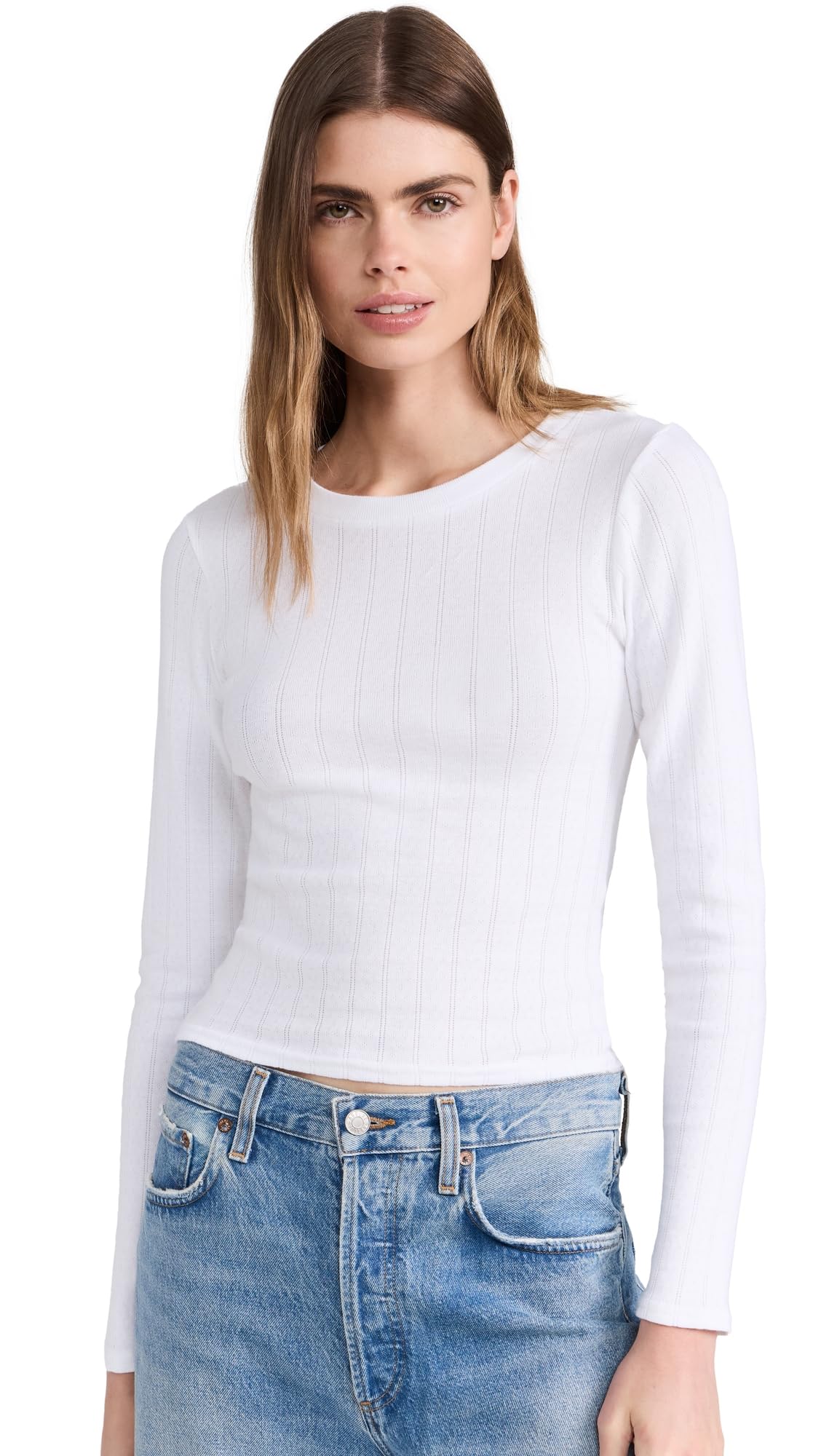 Perfect White Tee Women's Leah Pointelle Long Sleeve Top - Soft & Breathable Knit Shirt for Casual Wear, Office Outfits & Layering