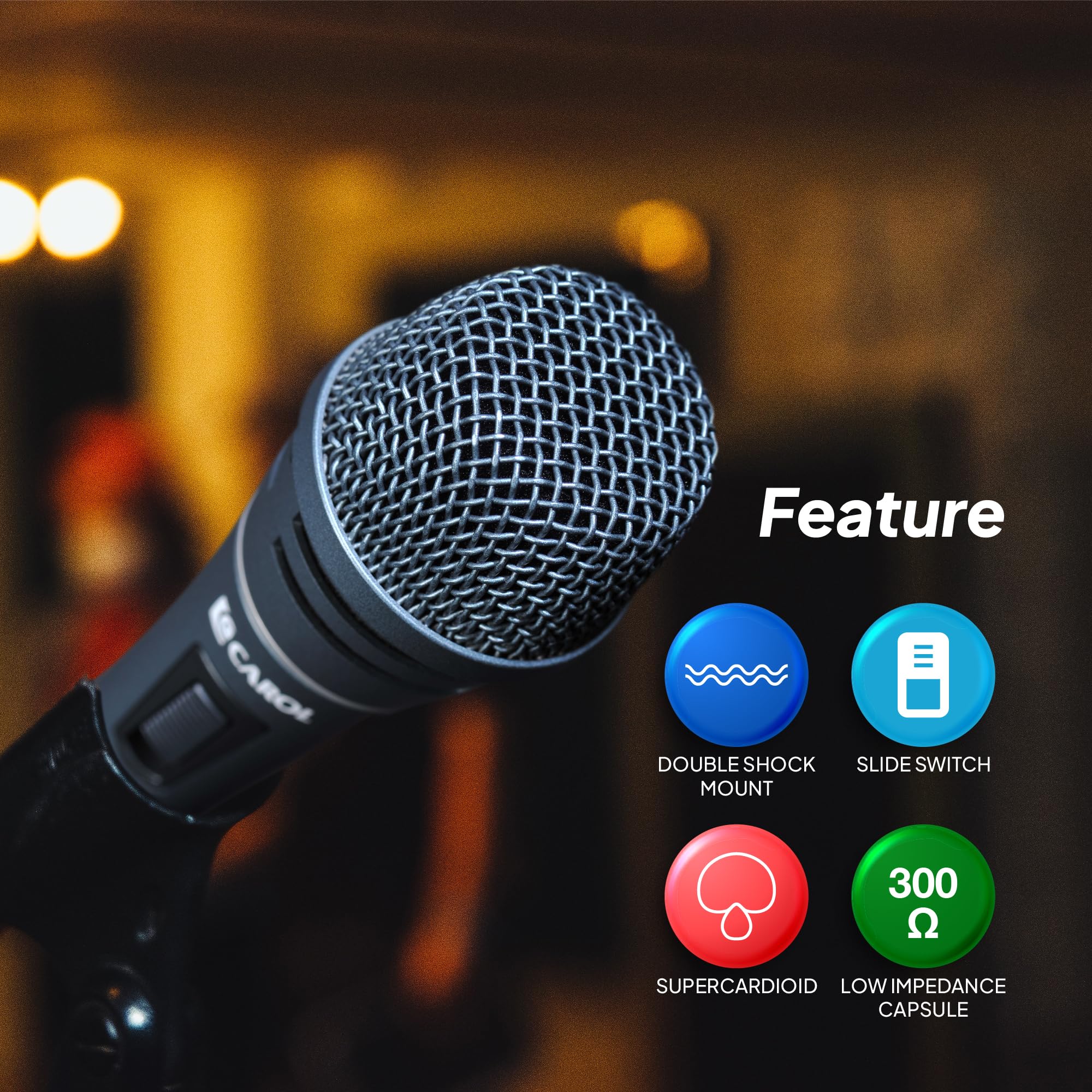 CAROL Sigma-plus1 XLR Wired Vocal Microphone - Professional Dynamic Supercardioid Mic with Dual Shock Mount for Studio Recording, Live Performances & Podcasting (Includes Mic Clip, 14.8ft XLR Cable & On/Off Switch) - Perfect for Singers, Streamers & Content Creators
