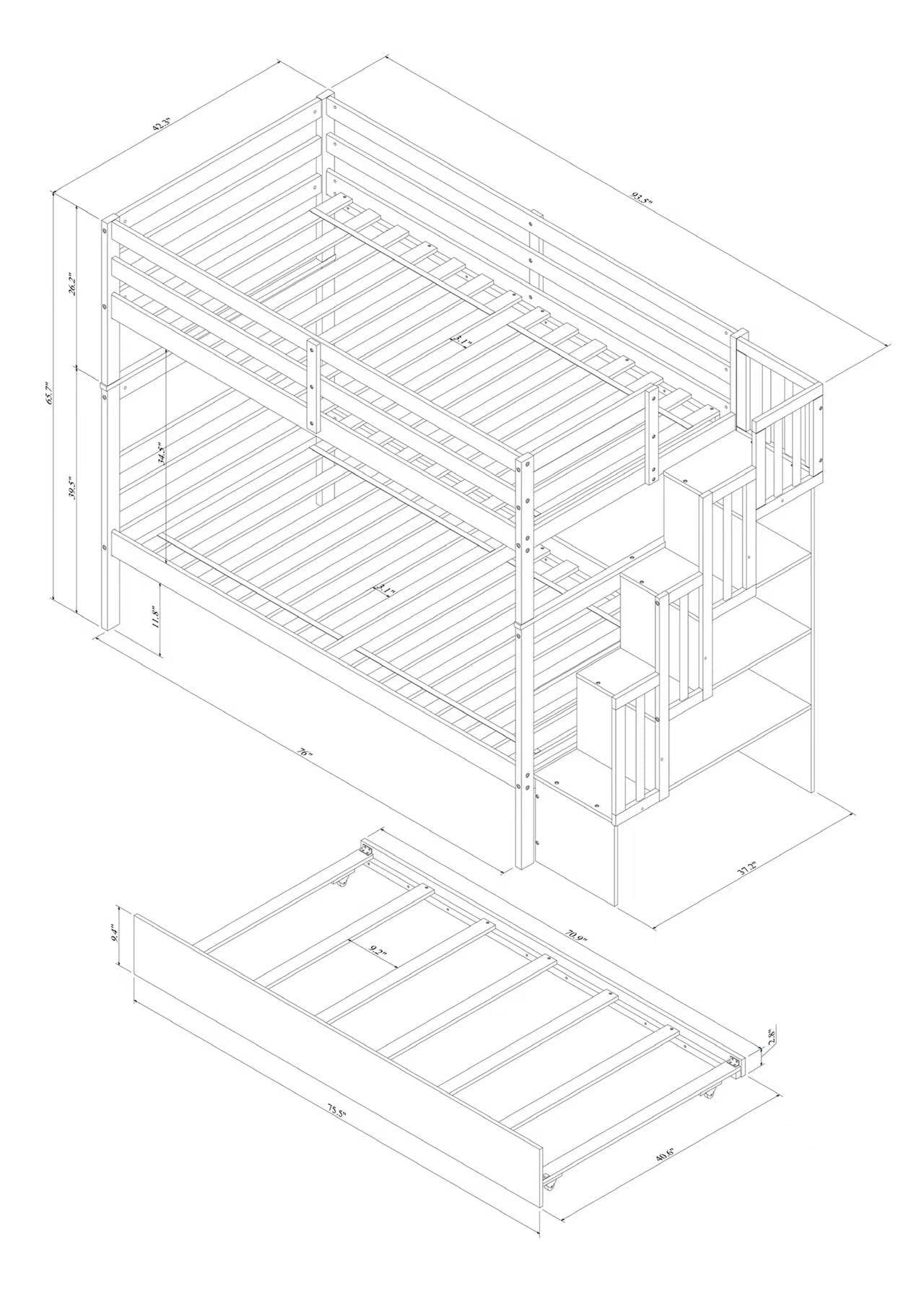 Harper & Bright Designs Twin Over Twin Stairway Bunk Bed with Trundle & Storage Shelves - Detachable Wood Bunk Beds for Kids, Teens, Boys & Girls - Space-Saving Grey Bedroom Furniture for Small Rooms, Guest Rooms & Kids' Shared Bedrooms