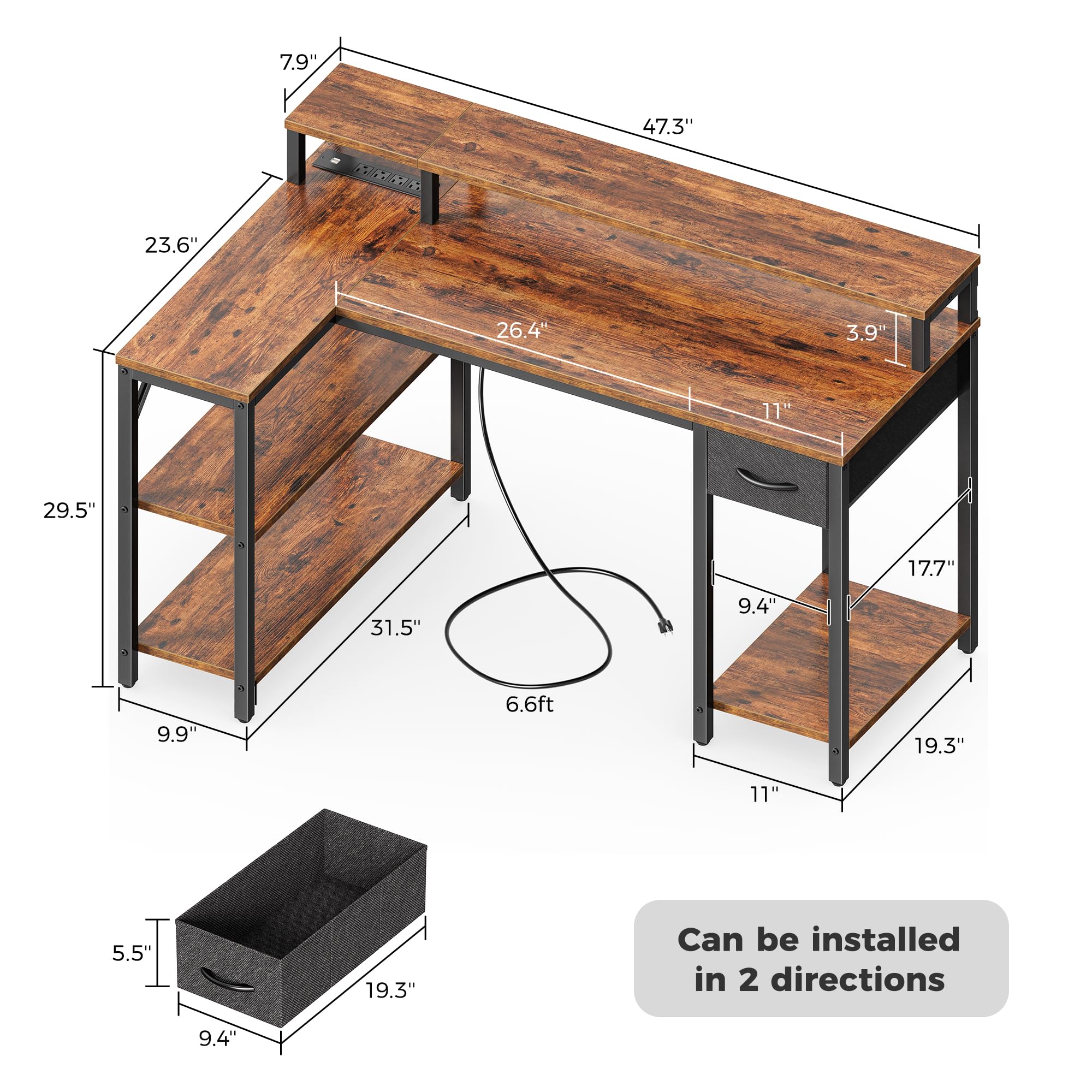 SUPERJARE 47-inch Reversible L-Shaped Computer Desk with LED Lights & Power Outlets - Home Office Gaming Desk with Shelves, Monitor Stand & Drawer - Rustic Brown Corner Workstation for Small Spaces & PC Gaming Setup