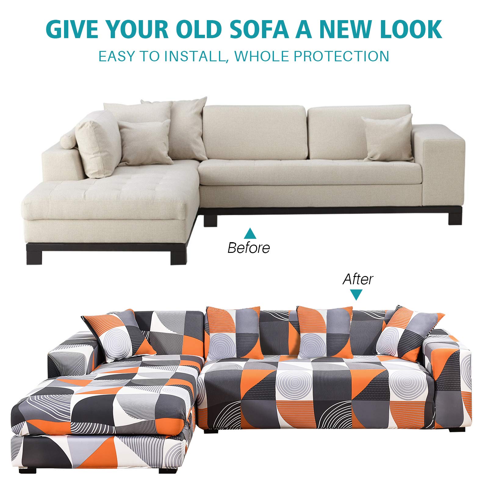 Stretchable L-Shaped Sectional Sofa Cover - 2-Piece Elastic Slipcover for 3-Seater Couch with 4 Pillowcases | Furniture Protector for Pets & Kids | Perfect for Living Room, Family Gatherings & Movie Nights (Orange)