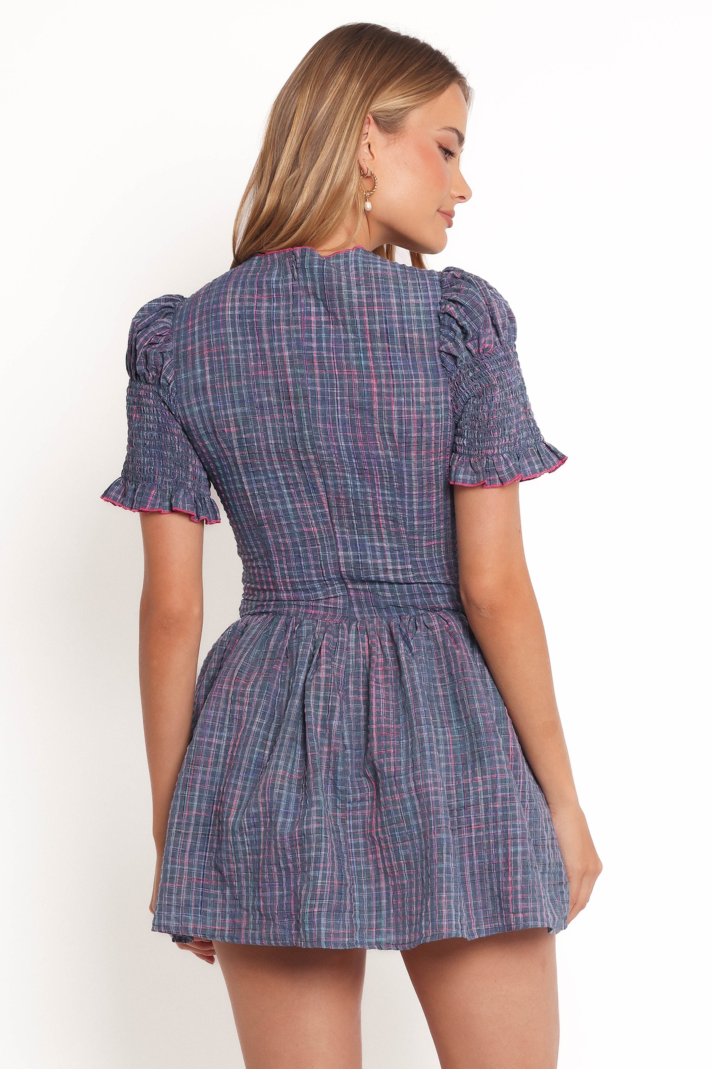 Celine Mini Dress - Navy Plaid Checkered Floral Print Women's Fashion Dress | Perfect for Parties, Dates & Casual Outings