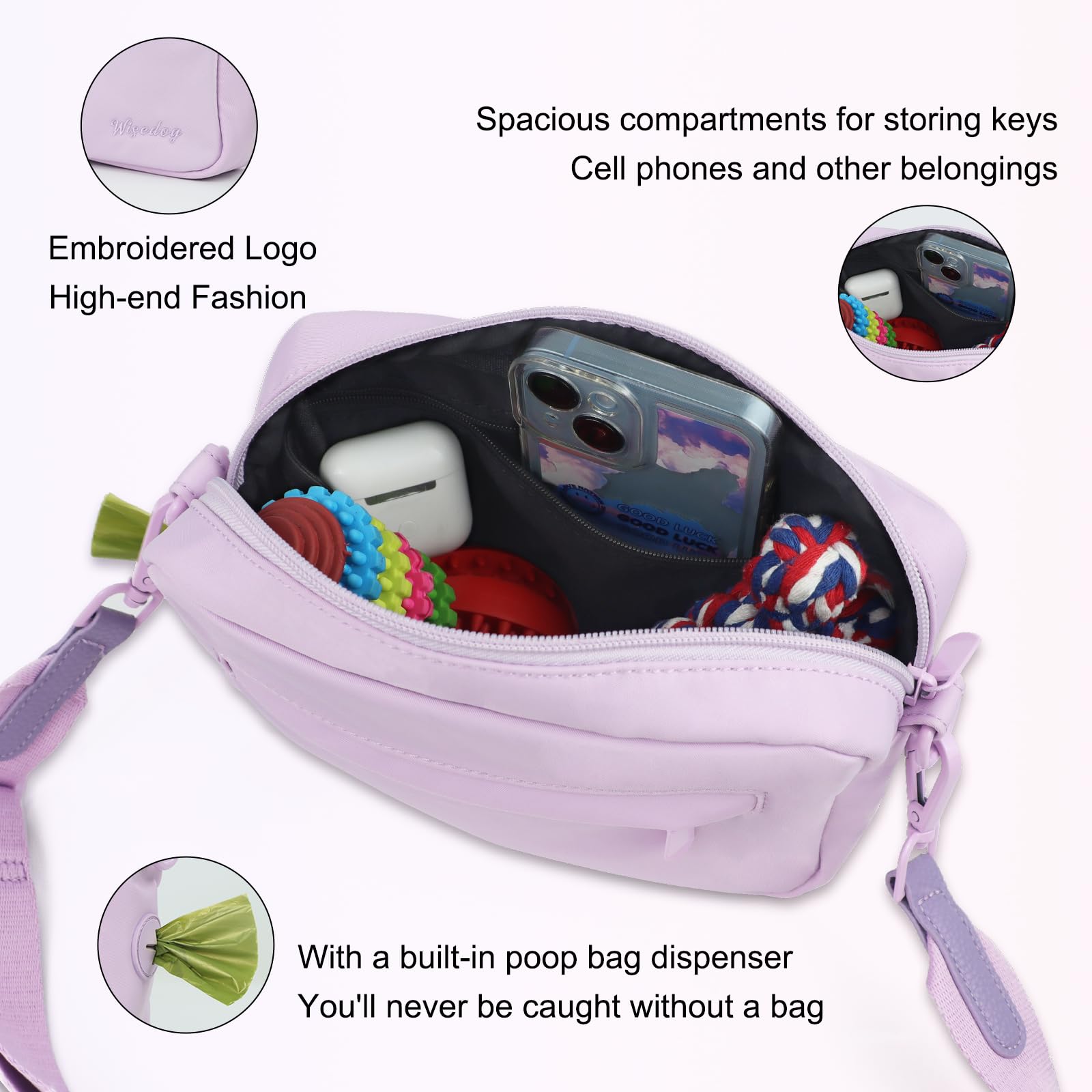 Wisedog Waterproof Dog Treat Pouch - Durable Dog Training Bag with Built-in Poop Bag Dispenser, Hands-Free Fanny Pack & Crossbody Bag for Small Medium Large Dogs (Light Purple) - Perfect for Outdoor Walks, Hiking & Pet Training Sessions