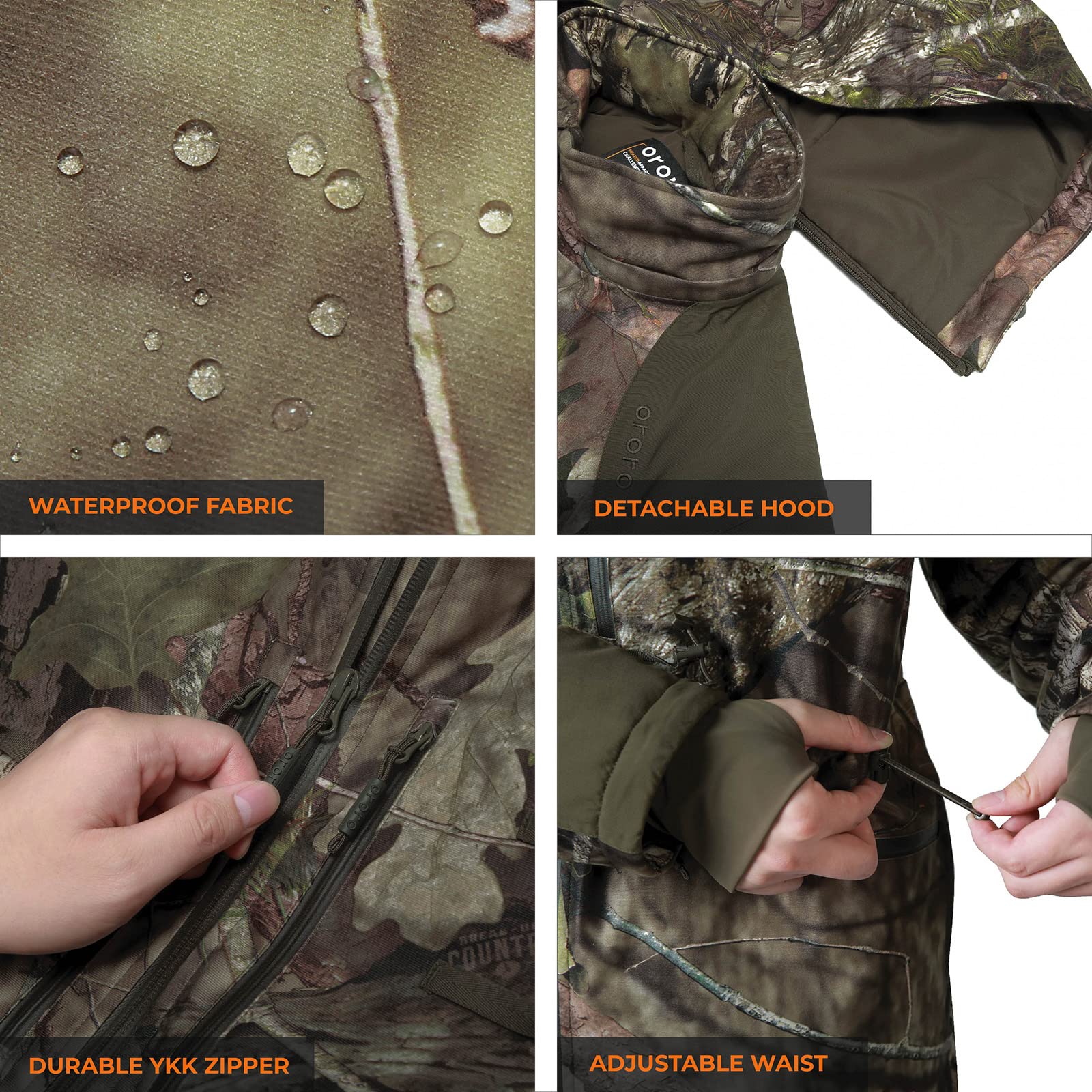 ORORO Men's Waterproof Heated Hunting Jacket with Rechargeable Battery - Camo Winter Jacket with Detachable Hood for Outdoor Hunting, Camping & Cold Weather Activities