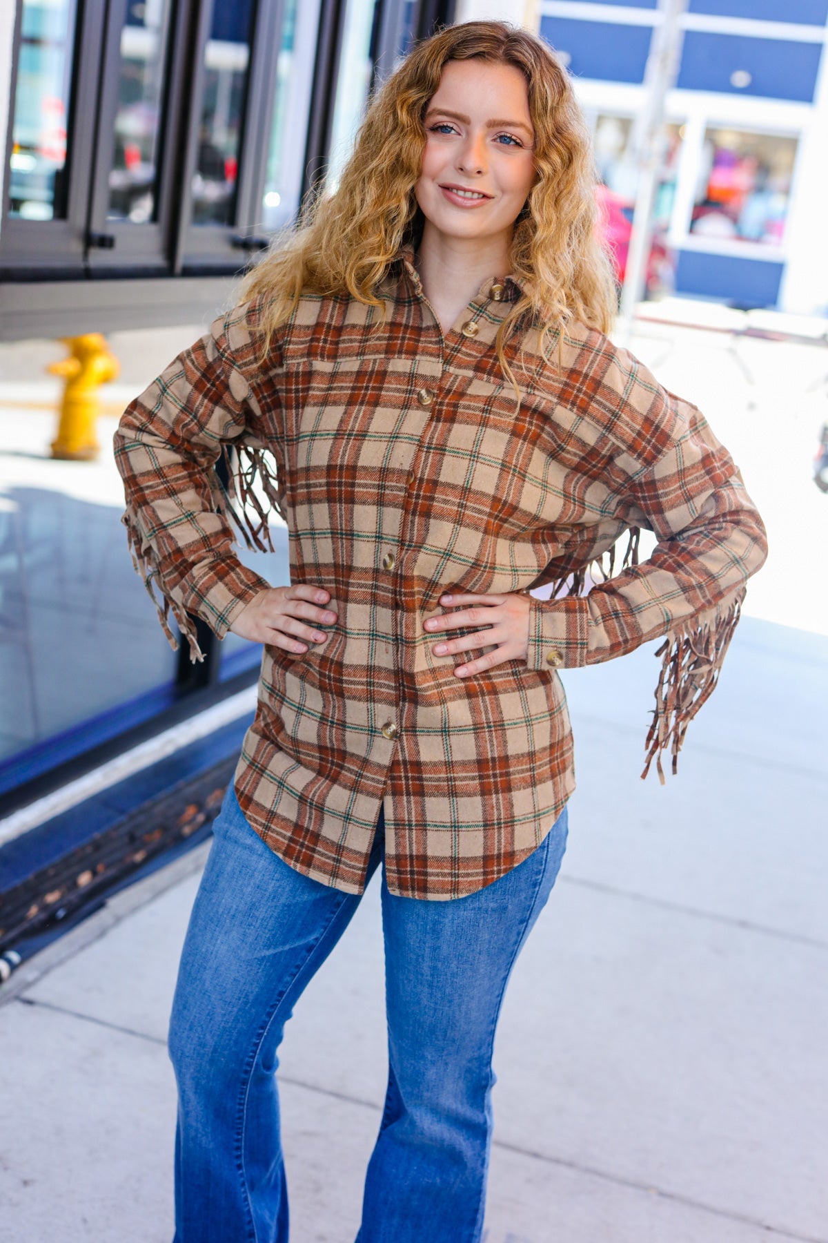 Stylish Taupe & Rust Flannel Plaid Fringe Jacket for Women - Cozy Fall Winter Layering Essential | Perfect for Outdoor Adventures, Casual Outings & Date Nights