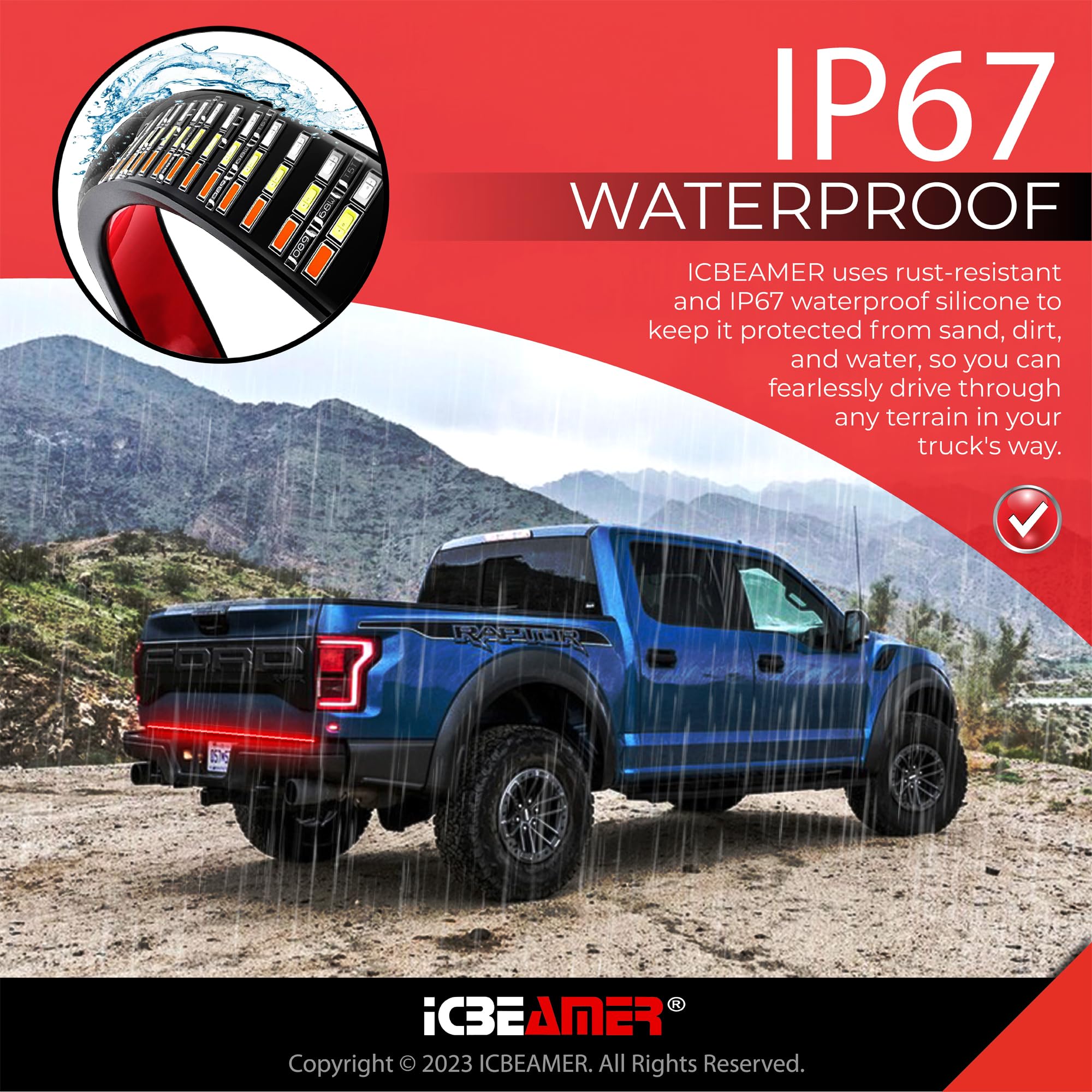 ICBEAMER 60-Inch Triple Row 504 LED Light Bar for Pickup Trucks - Waterproof IP67 Tailgate & Bed Lighting with 6 Functions (Brake/Turn Signal/Sequential/Reverse/Flashing) - Perfect for Off-Roading, Camping & Nighttime Safety