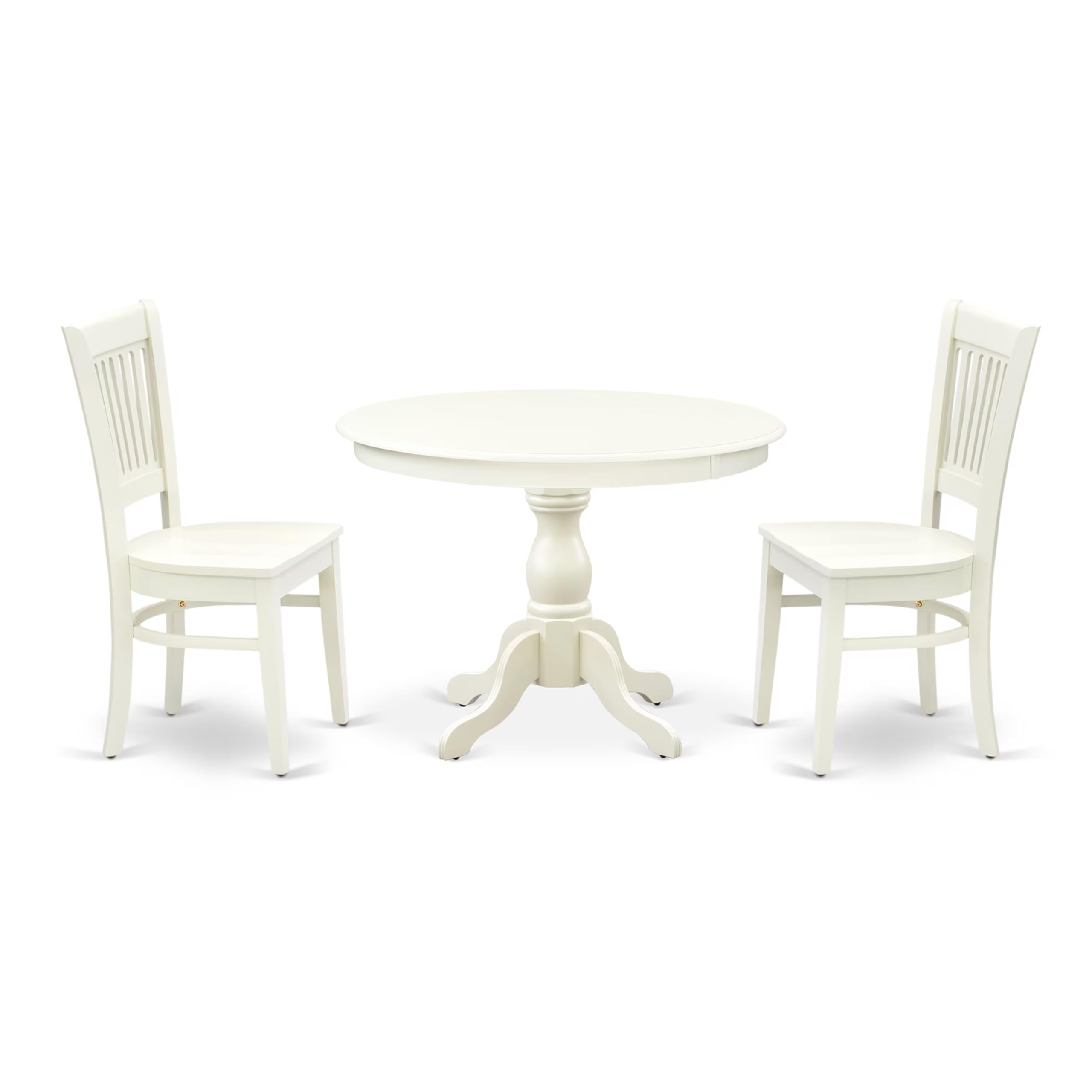 East West Furniture HBVA3-LWH-W 3-Piece Round Dining Set with Pedestal Table & 2 Wooden Chairs, 42x42 Inch, Linen White - Perfect for Small Spaces, Breakfast Nooks & Cozy Apartment Dining
