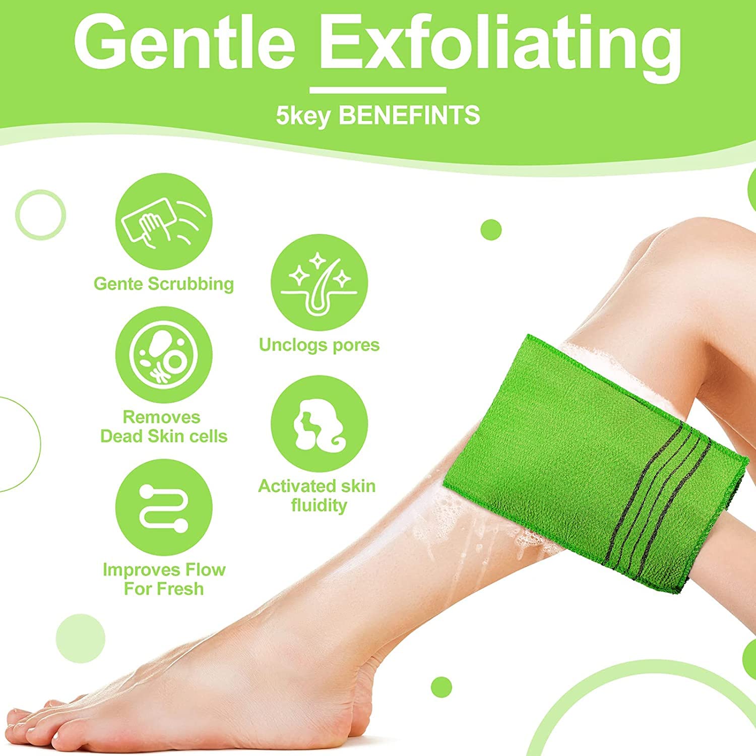 ENLIWISH Korean Exfoliating Bath Gloves 2Pcs - Soft Body Scrubber for Smooth Skin, Shower & Spa Exfoliation, Green - Perfect for Korean Skincare Routine & Dead Skin Removal