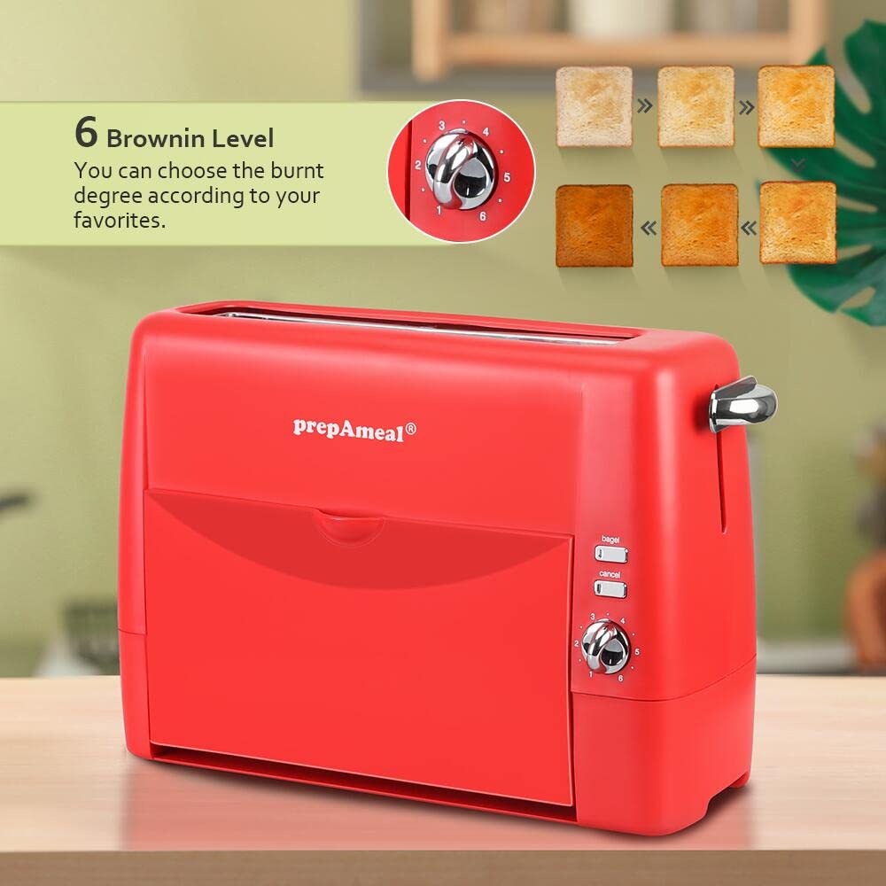 2-Slice Long Slot Toaster with 6 Shade Settings - Extra Wide Slots for Bagels, Waffles & Thick Bread - Bagel/Cancel Function & Removable Crumb Tray - Perfect for Breakfast, Snacks & Pastries (Red)