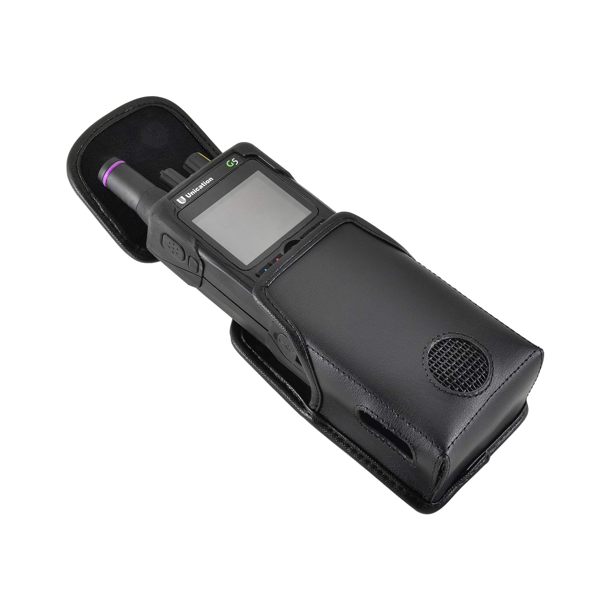 Premium Black Leather Holster Case for Unication G4 & G5 Voice Pagers - Heavy Duty Rotating Belt Clip & Magnetic Closure - Ideal for Firefighters, EMS, and Public Safety Professionals
