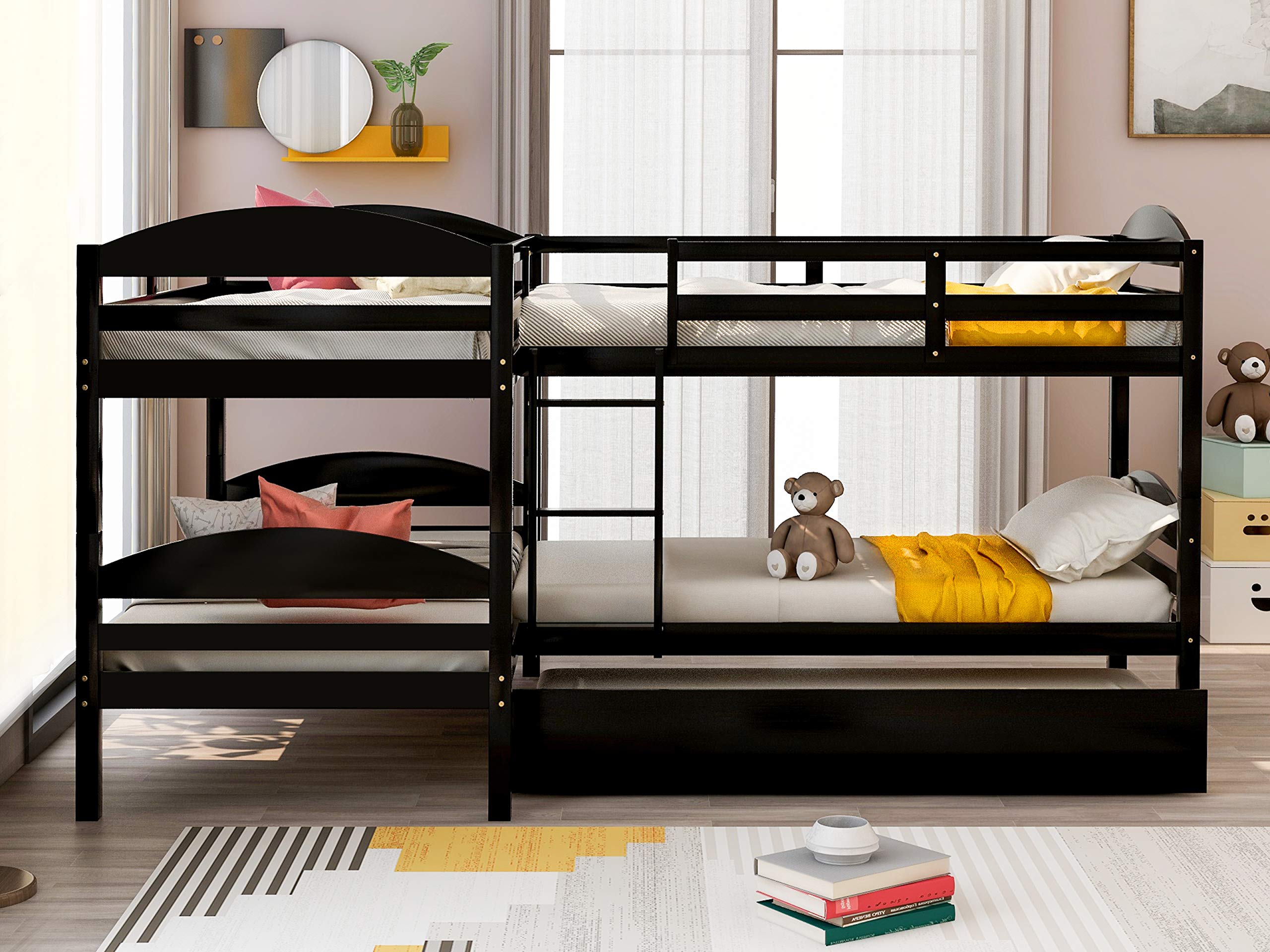 Kids Twin Over Twin L-Shaped Wooden Bunk Bed with Trundle - 5-in-1 Corner Bunk Bed Frame with Full-Length Guardrails & Flat Ladder (Espresso) - Perfect for Small Bedrooms, Guest Rooms & Vacation Homes